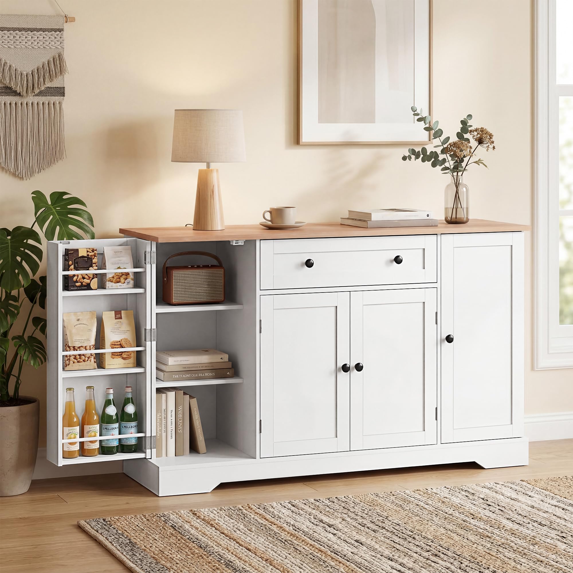 HOMCOM Aparador Armario de Cocina Moderno con Cajón 138x40x83,5 cm Blanco | Estantes en las Puertas, Estantes Ajustables, Barra de Café, para Cocina, Comedor