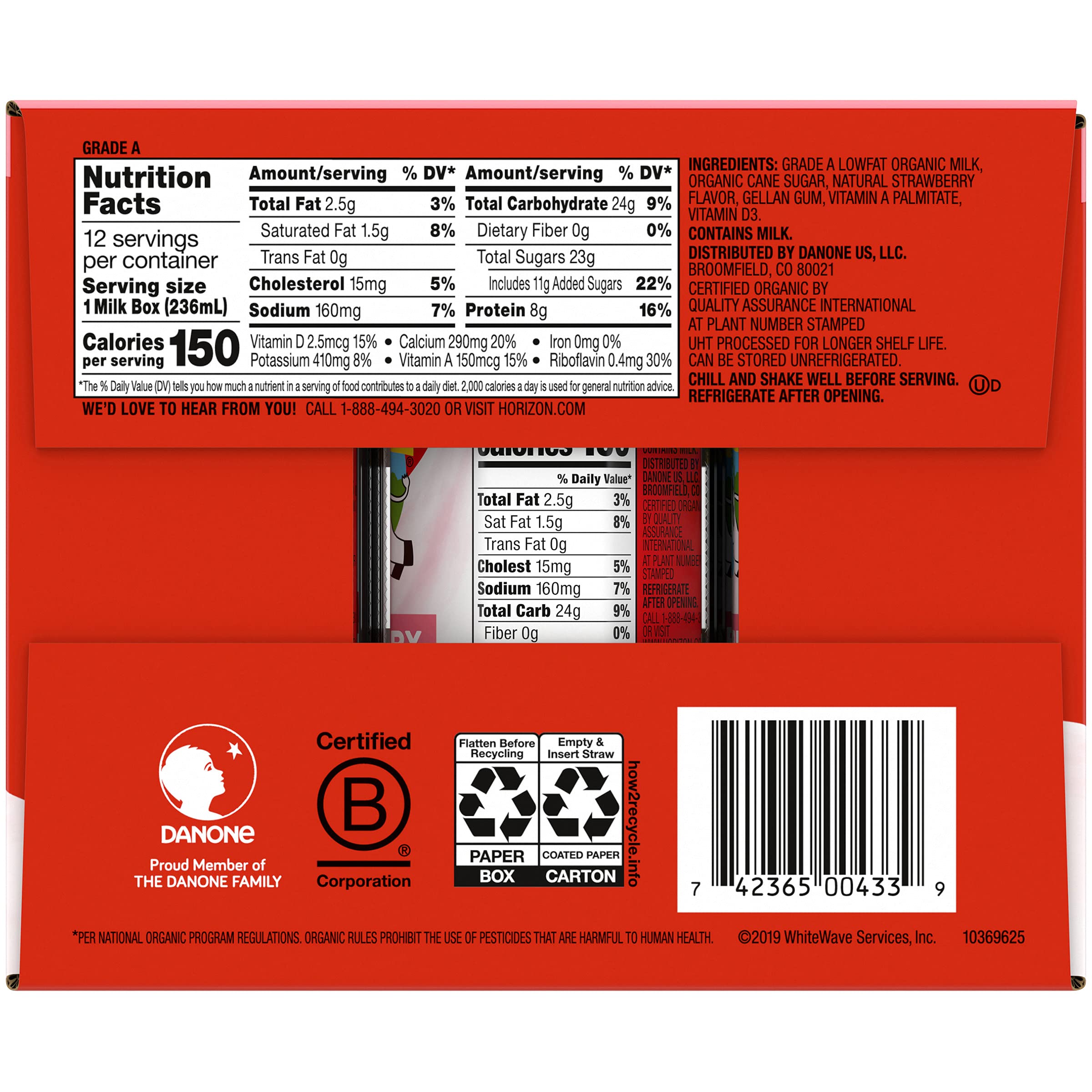 Horizon Organic Low Fat Organic Milk Box, Strawberry, 8 Ounce (Pack of