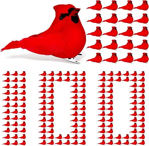 Soaoo 100 adornos de pájaros cardenales rojos para árbol de Navidad de 2.5 pulgadas, con clip decorativo a granel para manualidades, manualidades,