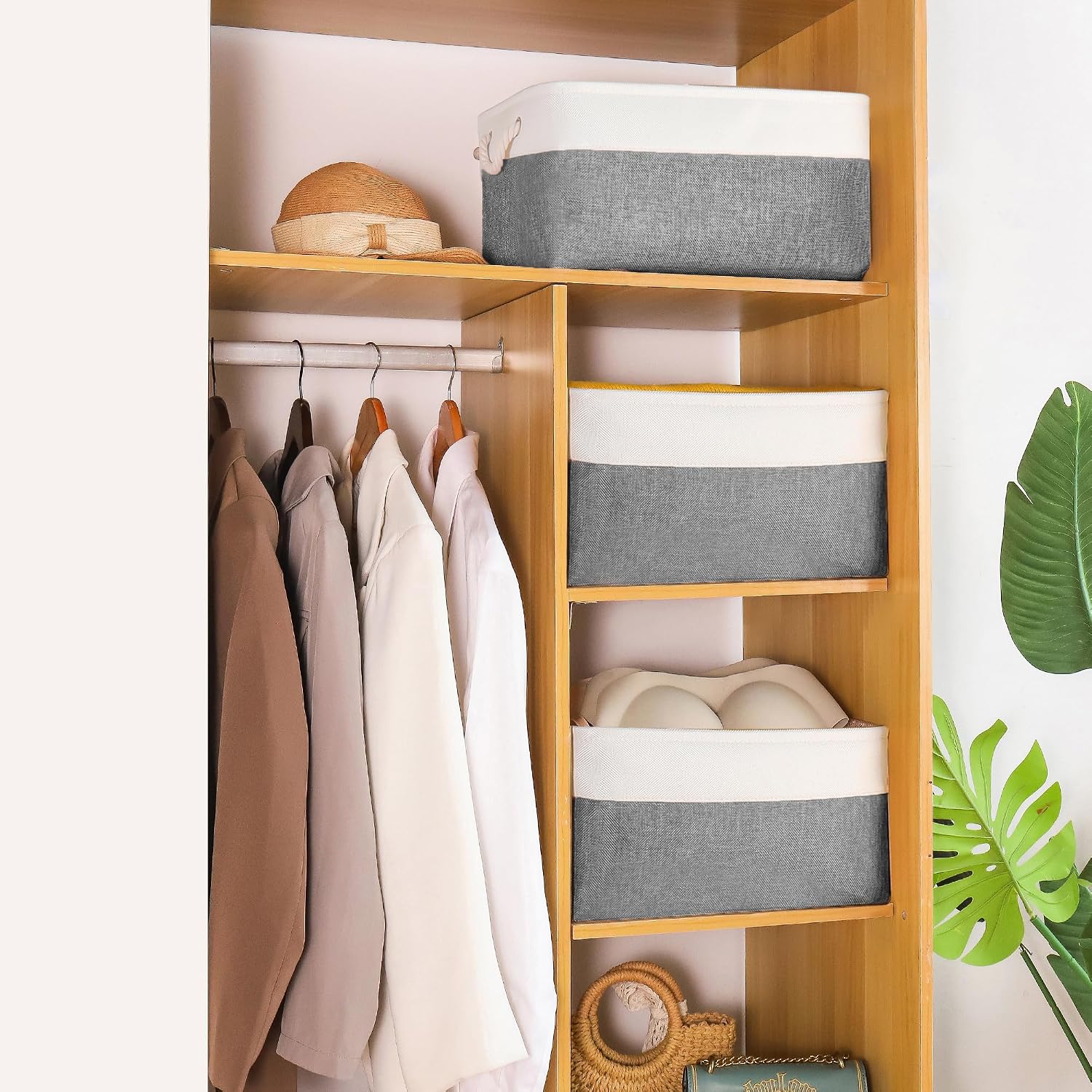 Storage Bins with Sturdy Cotton Handles(1 Pack), Fabric Storage Baskets for Organizing use for Office & Home, Book, Clothes, Toys, Closet Boxes (Large, Grey-White, 15.7x11.8x7.9 inches) image 2