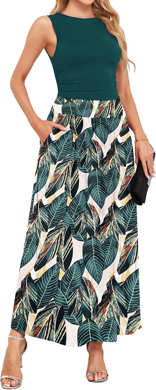 AUSELILY Womens Maxi Dress 2025 Summer Sleeveless Casual Slim Flowy Pleated Long Dresses with Pockets - Image 2