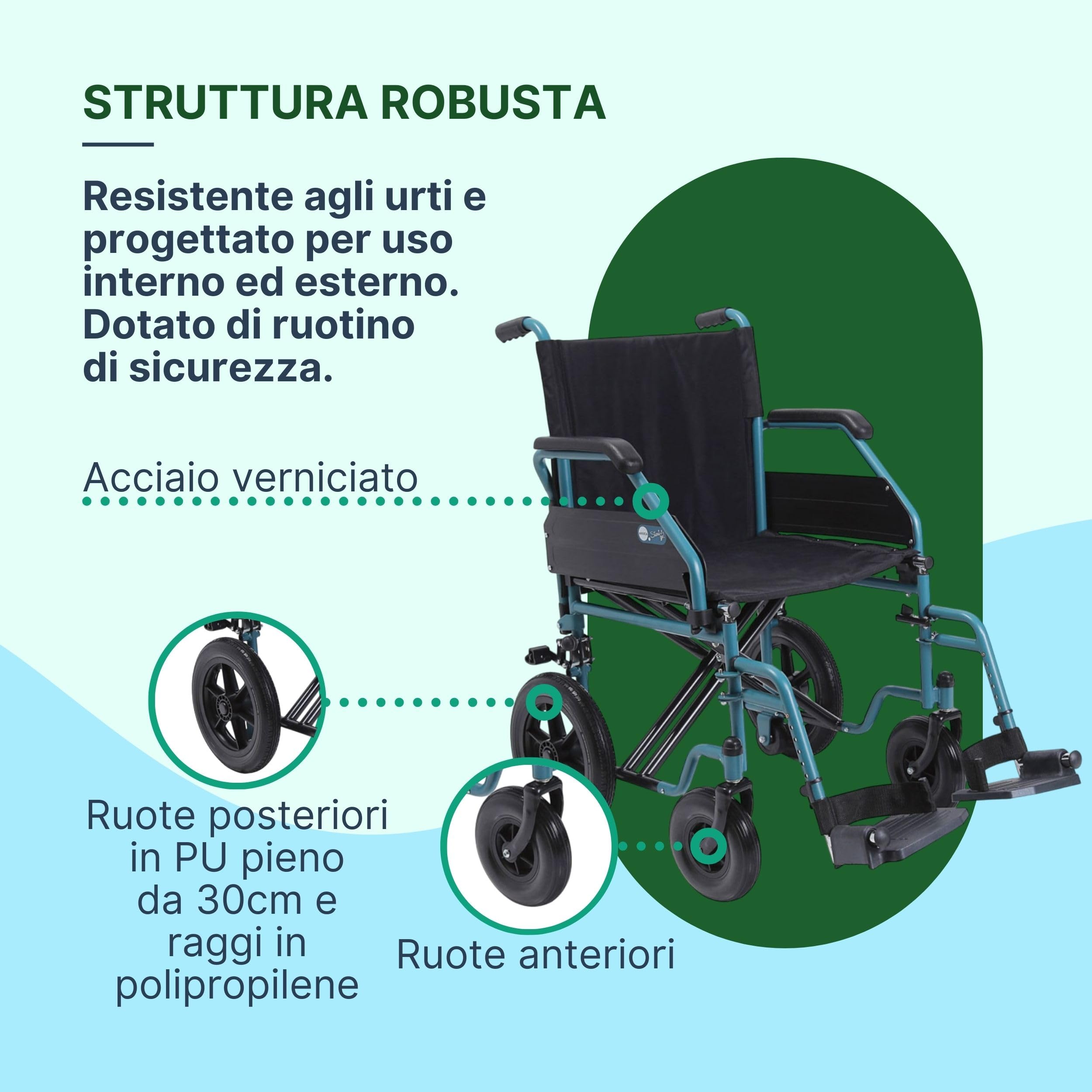 Sedia a Rotelle Pieghevole Leggera da Transito, 43 cm, Azzurra | Carrozzina per Disabili Predisposta per Autospinta, Acciaio, Crociera Doppia, Ruote a Sgancio Rapido