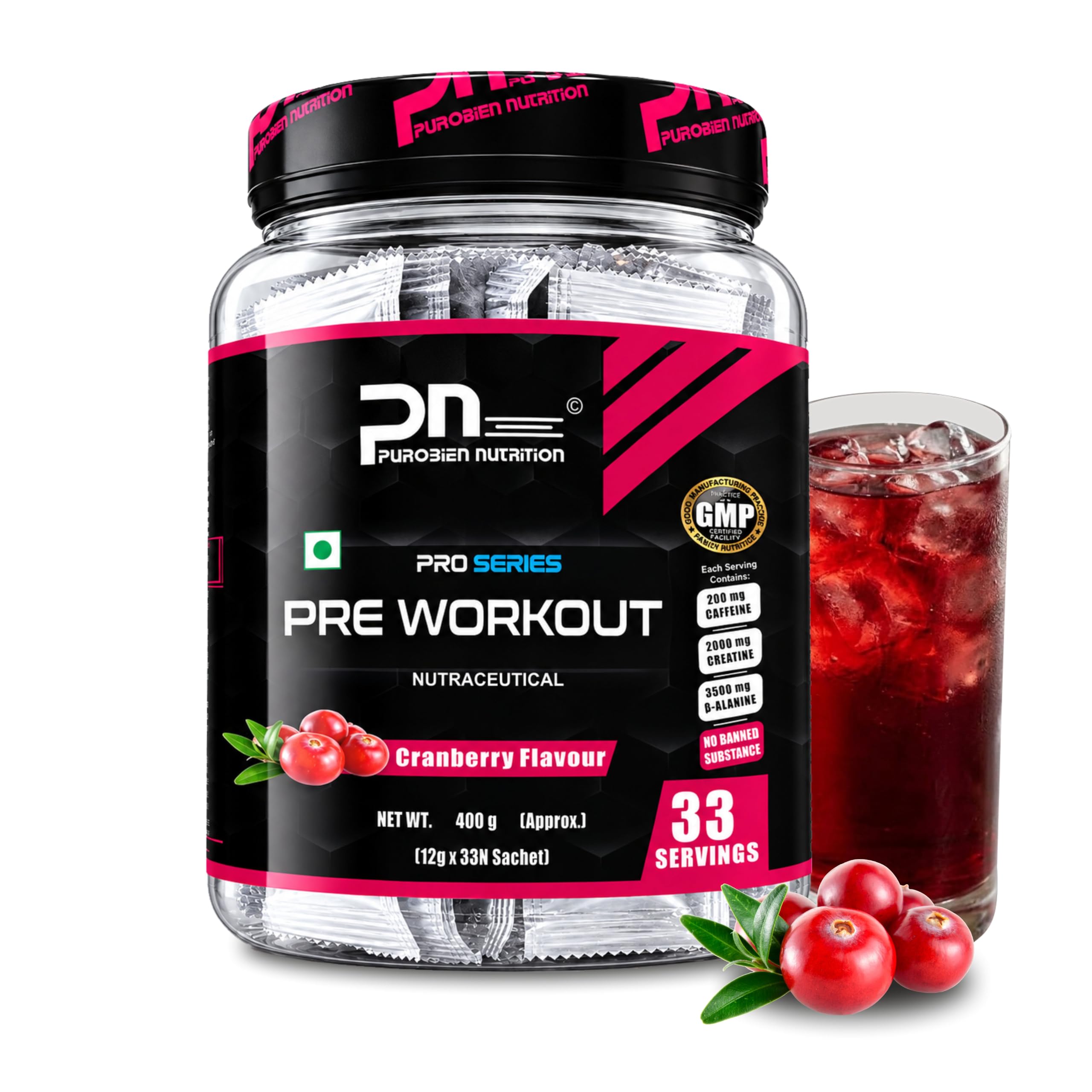 Pre Workout For Men, Cranberry 400 GM, 200Mg Caffeine, 3500Mg Beta Alanine, 4000Mg Citrulline, 2000Mg Creatine,33 Servings, Powder,Pack of 1