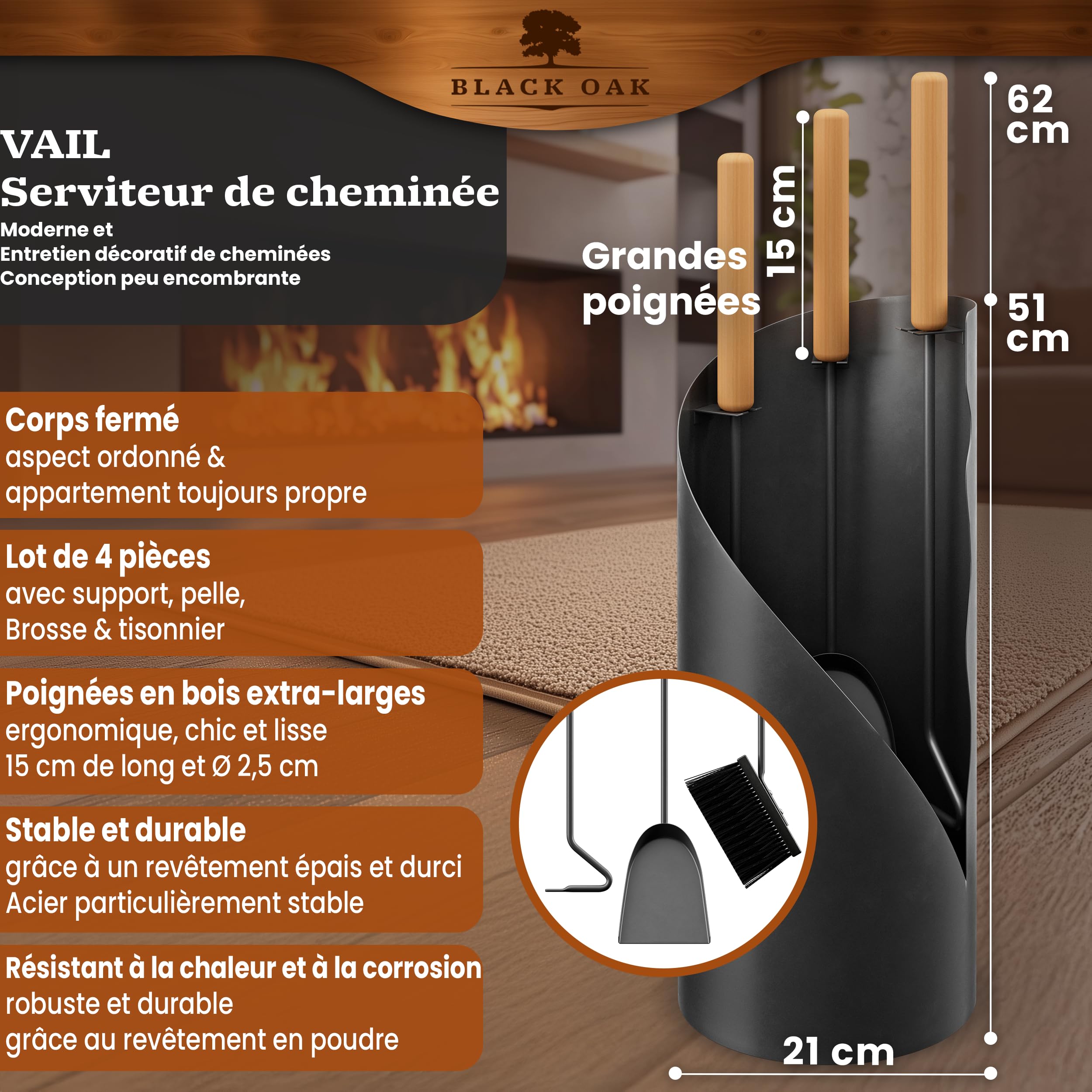 BLACK OAK Ensemble d'accessoires pour cheminée VAIL 4 pièces - ensemble moderne d'ustensiles pour poêle noir avec manche en bois 4 pièces comprenant pelle à cendre, balai à cheminée + support moderne