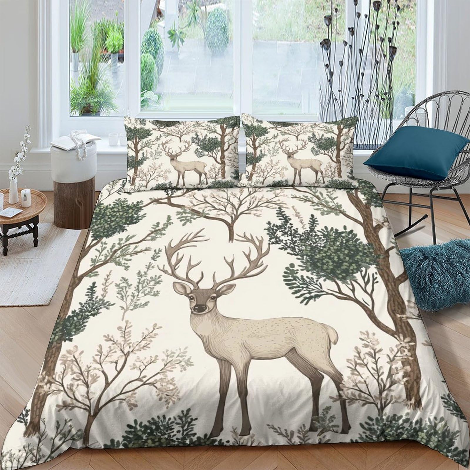 Ctjqhvkz Style-5 3D Printed Forest Deer Fitted Sheet Microfiber Soft Bedroom Decor Woodland Trees Mattress Cover Single（135X200cm）