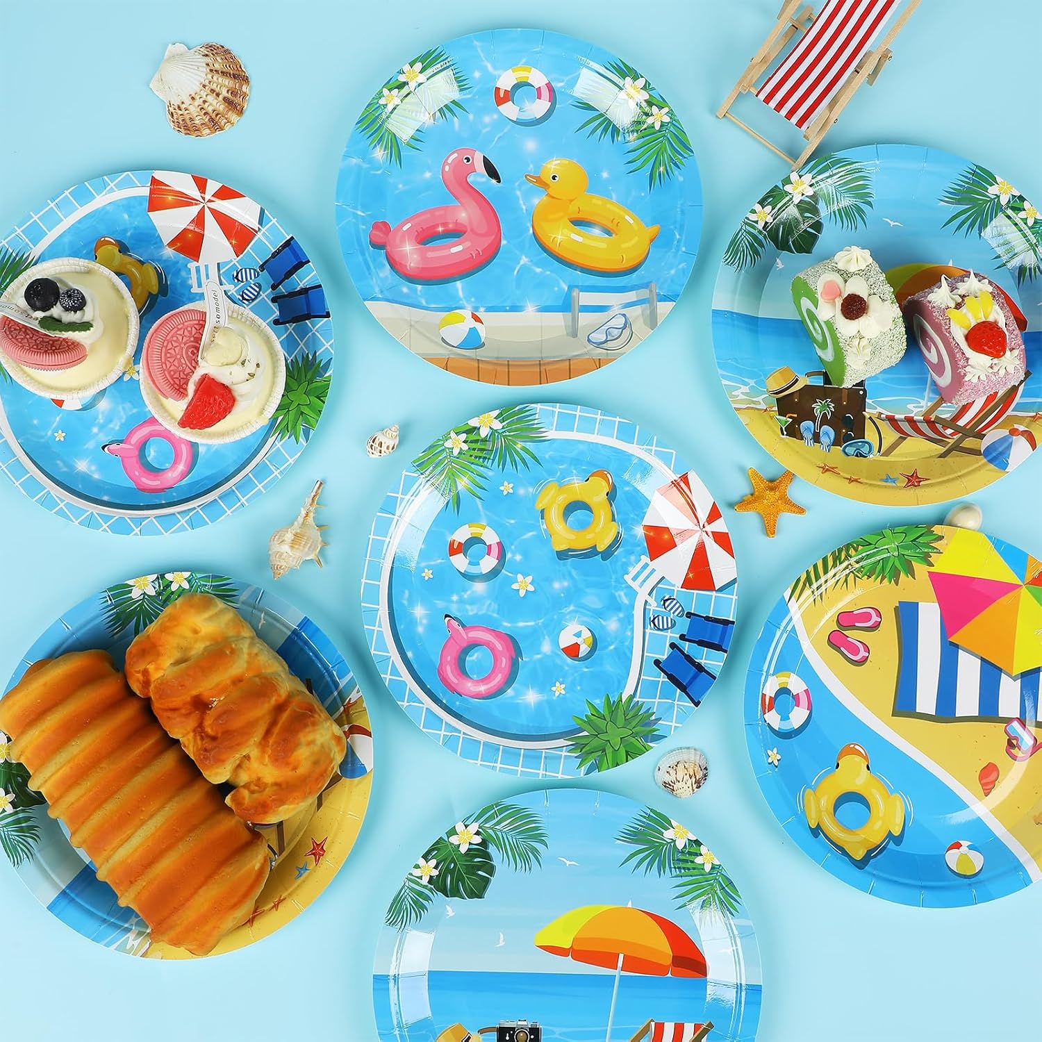 Naozinebi 48pcs Pool Party Plates Summer Theme Birthday Plates, 7" Beach Paper Dessert Plates, Disposable Pool Party Tableware for Summer Beach Party Supplies