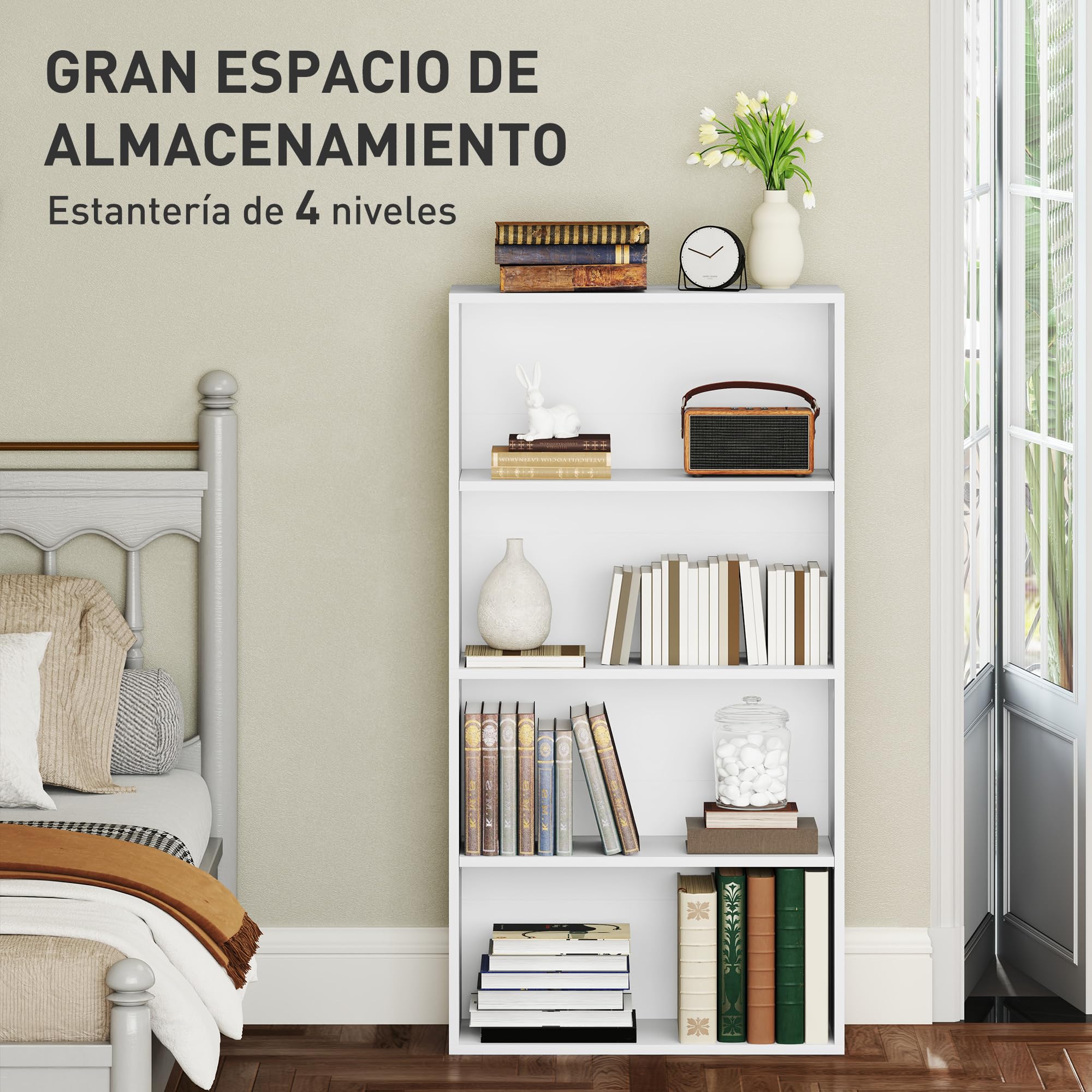 HOMCOM Librería de 4 Niveles Estantería de Libros con 2 Estantes Ajustables para Sala de Estar Oficina Dormitorio 60x24x115,5 cm Blanco