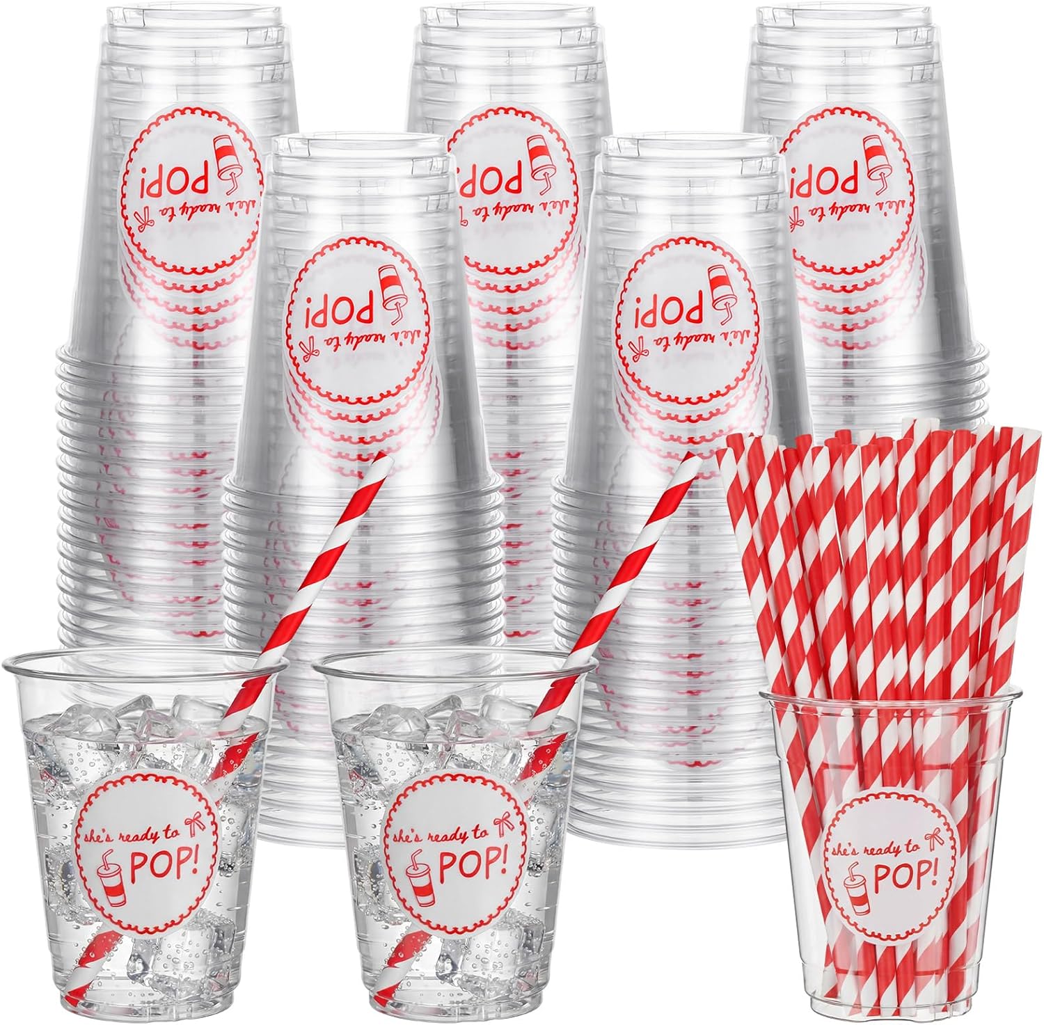 She's Ready to Pop Baby Shower 12 oz Disposable Plastic Cups with Straws for Soda Theme Boy or Girl Gender Reveal Pregnancy Announcement Newborn Bachelorette Party Supplies(100pcs)