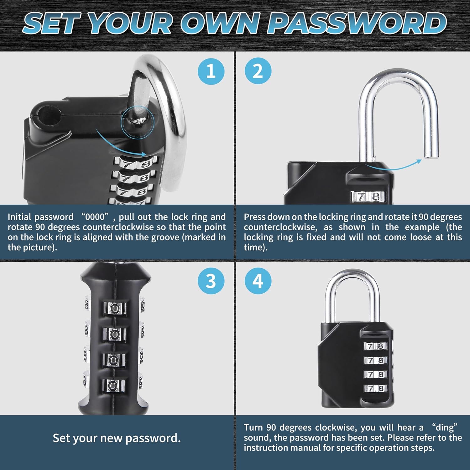 Combination Padlock, 4 Digit Lock, Code Resettable Locker Lock, Heavy Duty Waterproof Indoor and Outdoor Use for School Luggage Gym Cabinet Gate Fence, Pack of 2, Black