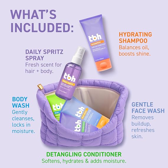 TBH Kids Glow & Go Gift Set | Tween Hair, Body & Skincare Kit for Girls and Boys | 5 Clean Mini Essentials in Travel Zip Pouch Perfect Self-Care Gift for Kids