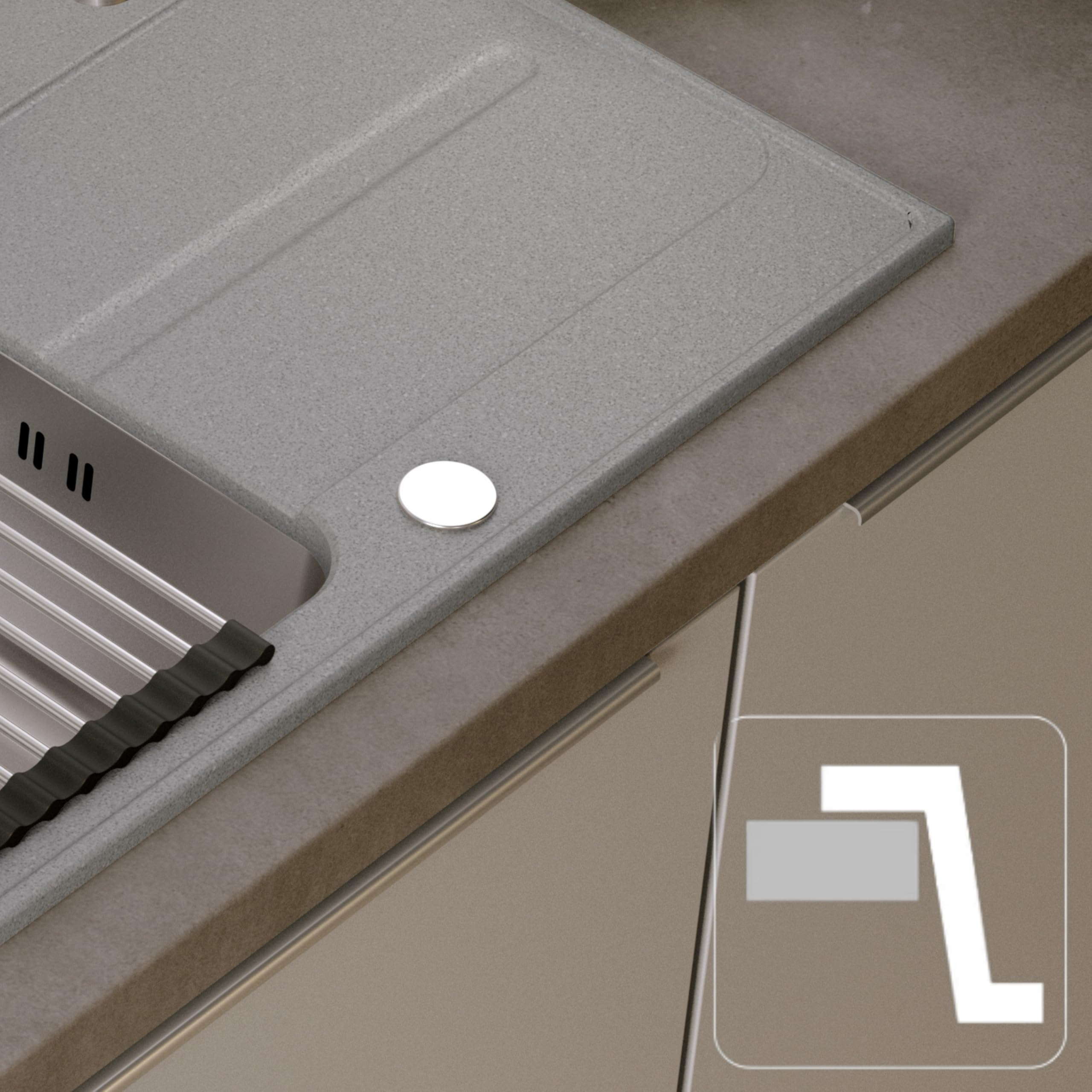 QUADRON fregadero gris | tamaño 78 x 43 cm | RALPH 111 fregadero de cocina de un seno con cubeta de acero | granito y acero inoxidable | con sifón y tapón de rosca | con escurridor