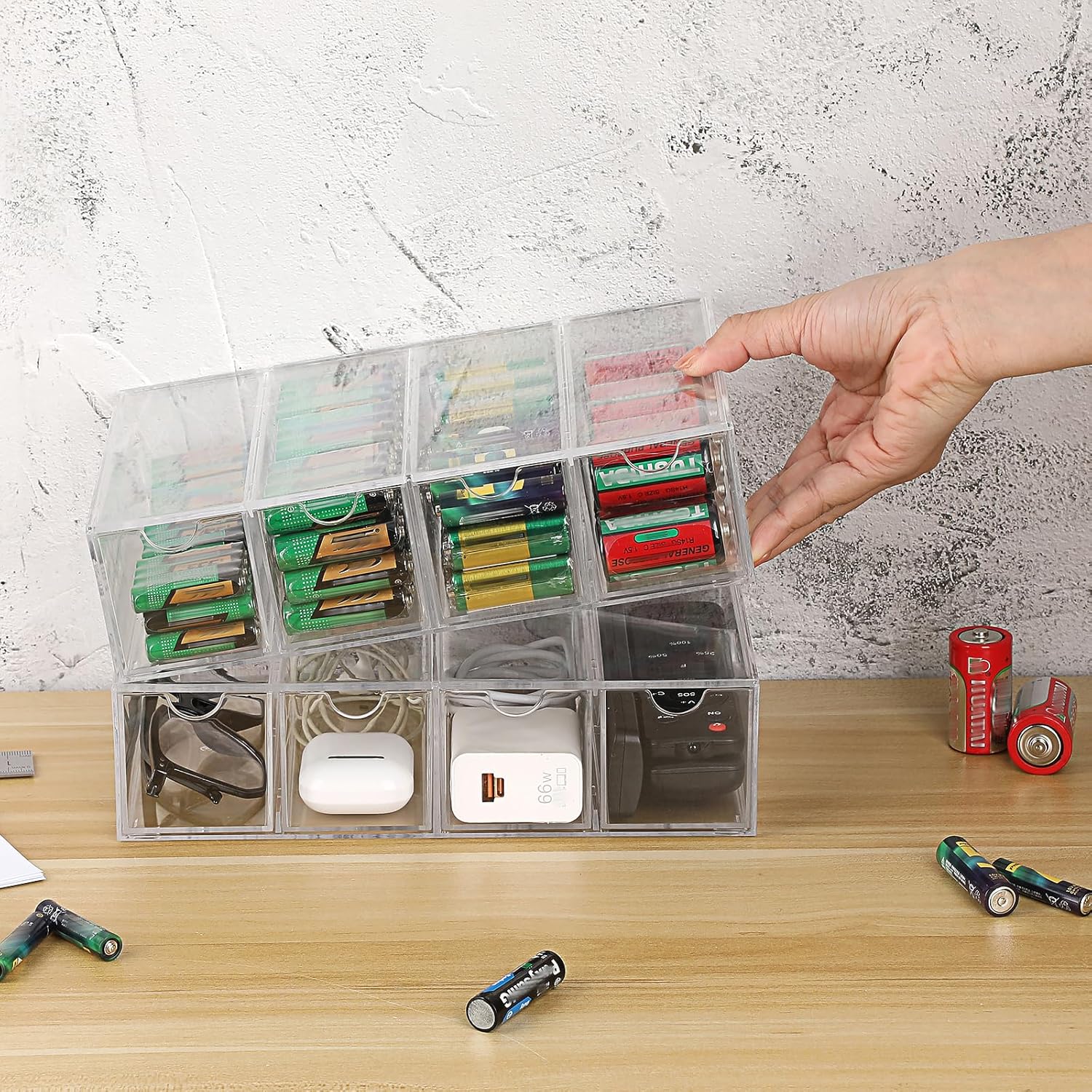 BTSKY 2 Pack Clear Acrylic Battery Storage Organizer for AA, AAA, 9V, C Batteries, 4-Drawer Storage Box Battery Holder Organizer for Common Types Batteries, Household Container(Batteries Not Included)