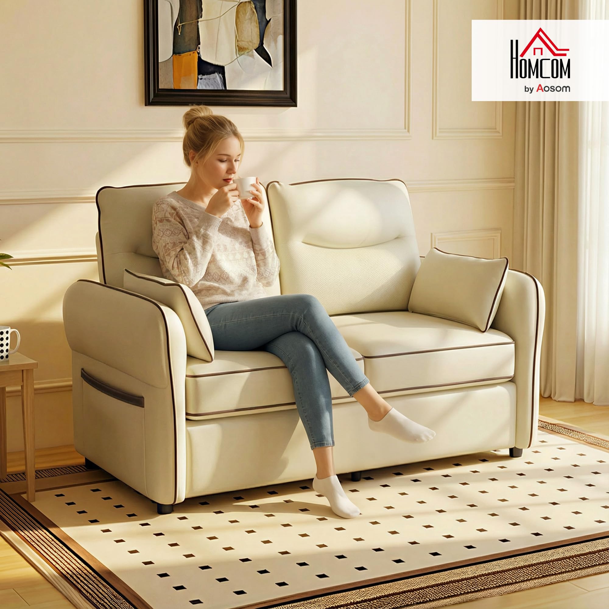 HOMCOM Divano 2 Posti Imbottito in Pelle Finta con Bordo a Contrasto, Divanetto da Salotto con Imbottitura Spessa, 2 Cuscini Rimovibile e Lavabile, Braccioli e Tasche Laterali, 136x81x90 cm, Beige