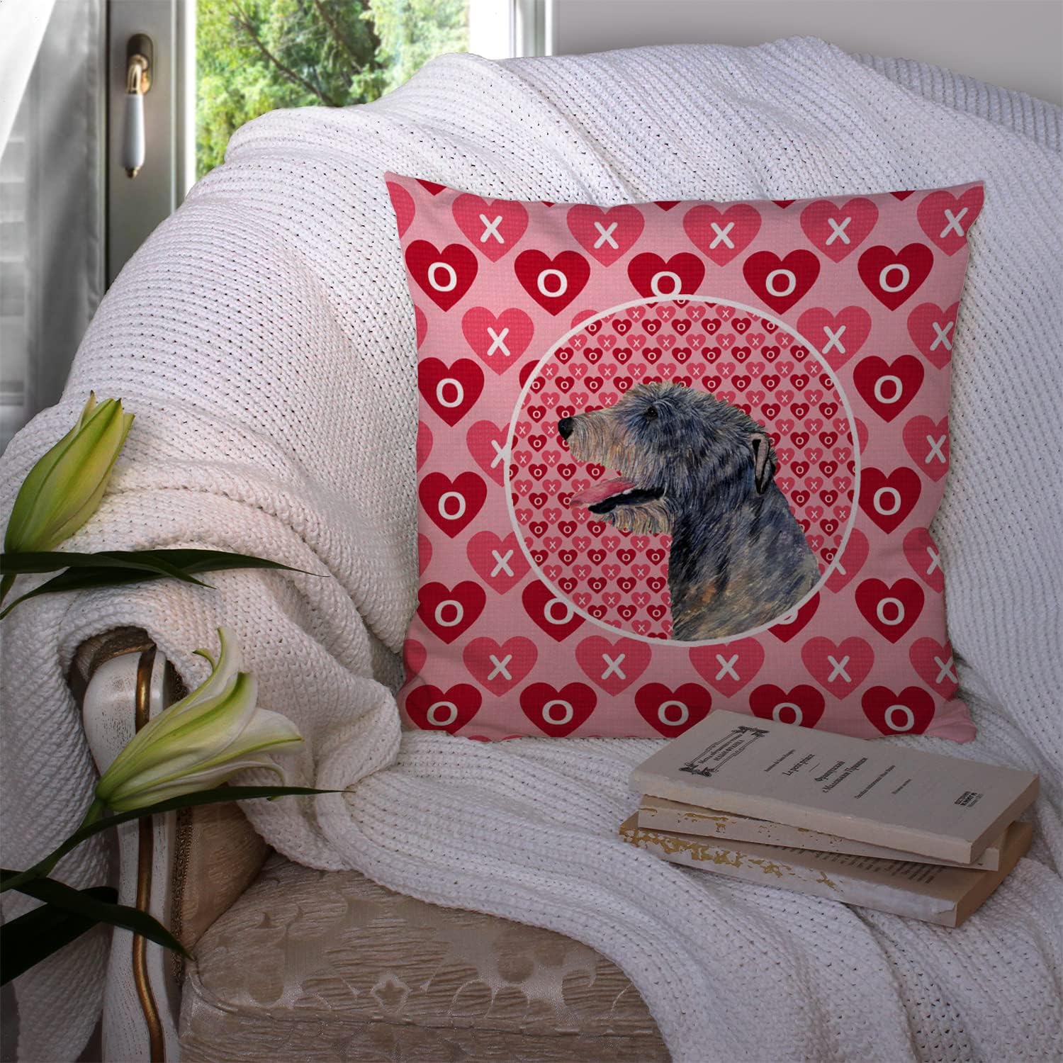 Caroline's Treasures SS4506PW1414 Irish Wolfhound Hearts Love and Valentine's Day Portrait Fabric Decorative Pillow Machine Washable, Indoor Outdoor Decorative Pillow for Couch, Bed or Patio, 14Hx14W