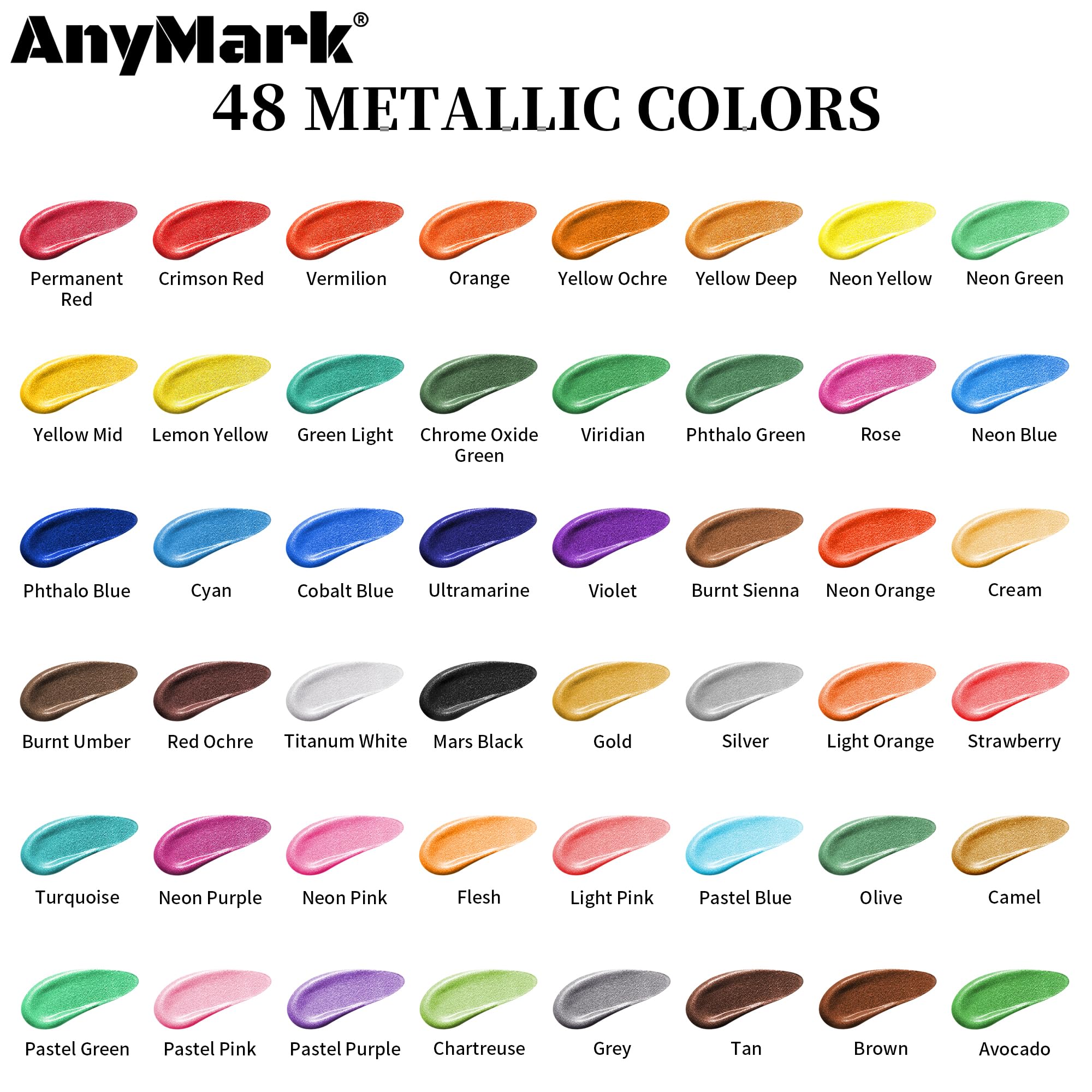 AnyMark Metallic Acrylfarbe, 48 Farben Acrylfarben-Set | Ungiftige Malutensilien für Leinwand, Stein, Holz, Keramik, 2 fl oz/60 ml Flaschen, 12 Pinsel