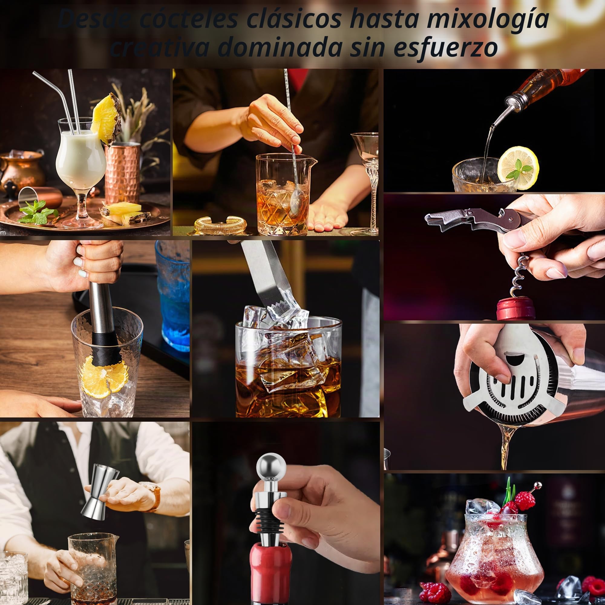 19 Piezas Coctelera, 750 Ml Coctelera Profesional de Acero Inoxidable Soporte Madera y Libro de Recetas De CóCteles, Cocktail Shaker, Regalo para Hombres y Mujeres (Bar en Casa, Fiesta, Boda)