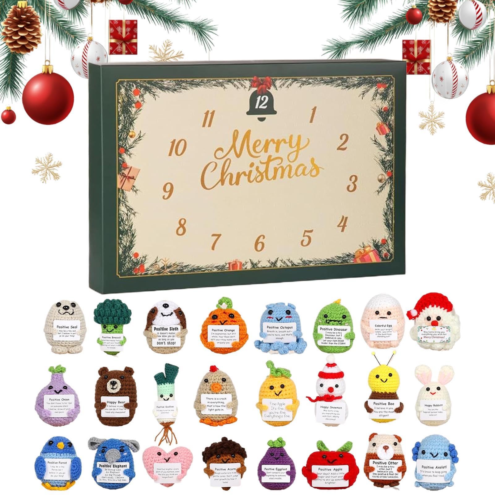 Advent Calendar 2025, 24 Days Handmade Positive Crochet Animals, 24 x Emotional Support Crochet Toys with Cards, Surprise Countdown Gift for Adults and Teens