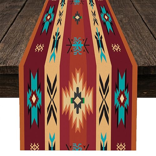 Aztec Southwest Table Runner, Vintage Tribal Ethnic Geometric Design Boho