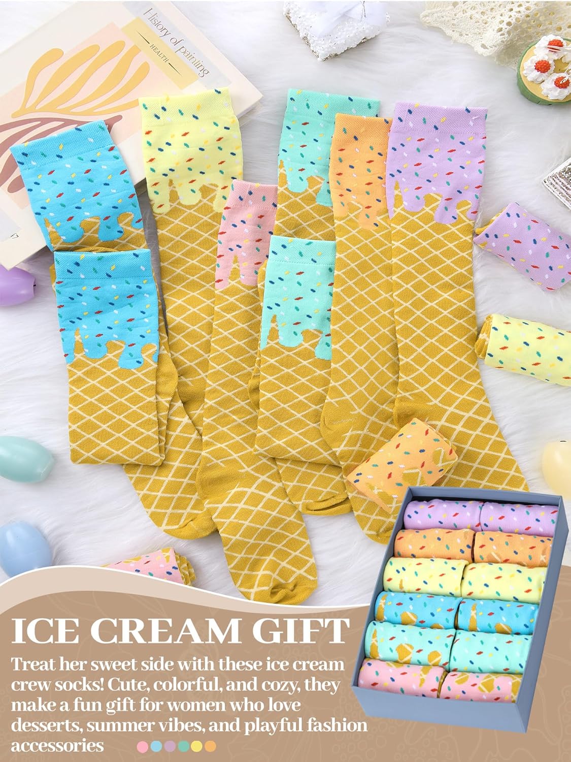 6 Pairs Ice Cream Drip Socks for Women Girls Funny Ice Cream Pattern Knee High Socks Baseball Softball Gifts - Image 6