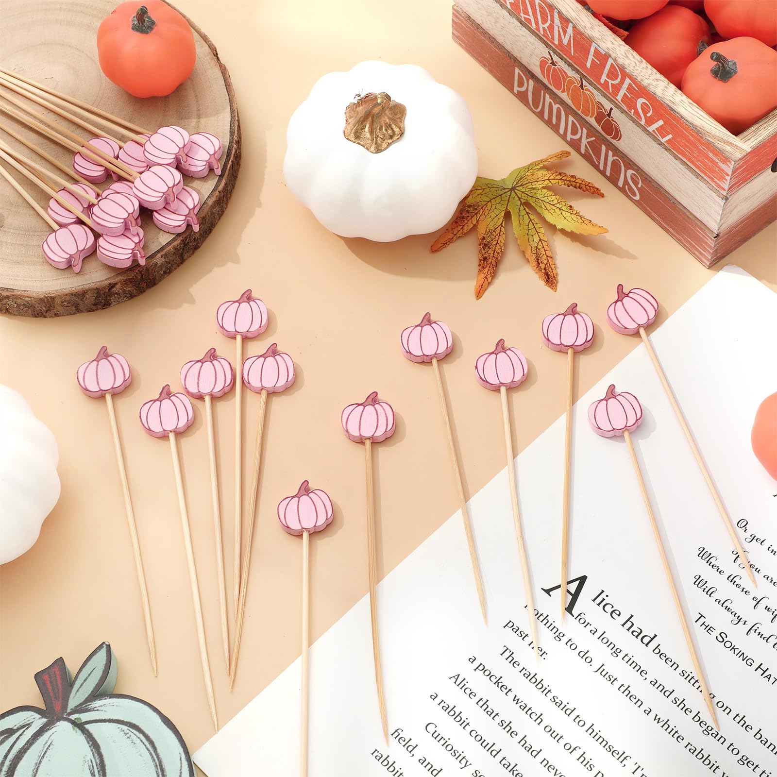 JarThenaAMCS 100 palillos de cóctel de otoño, calabaza, rosa, bambú, pinchos largos para aperitivos, para otoño, Acción de Gracias, frutas, bebidas, postres, suministros para fiestas