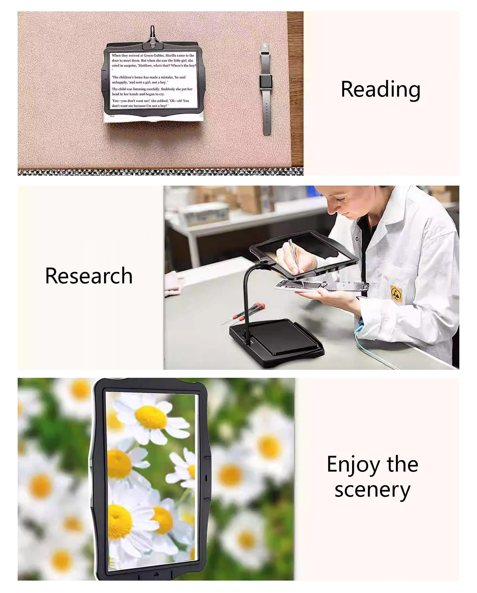Lente D'ingrandimento Digitale per Ipovedenti Da Tavolo, Display HD, Ausilio Alla Lettura Elettronico, Zoom 4X, Oscuramento a Sfioramento, Design Ricaricabile, per Leggere e Scrivere(Schwarz)