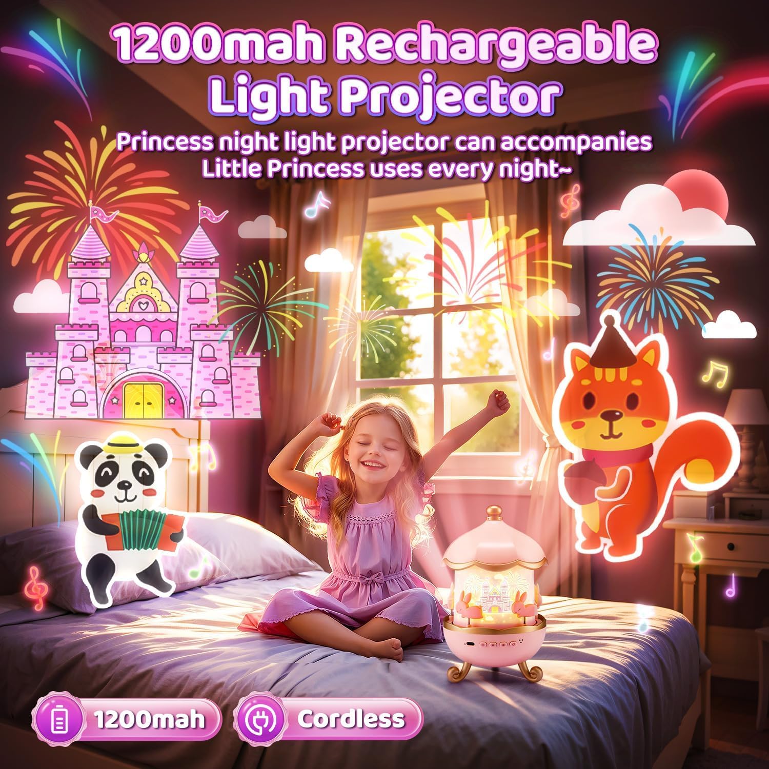 EYUVAA LABEL Abs Bunny Night Light Projector, 360° Rotatable 6 Films Shade Rechargeable LED Night Light Lamp for Kids Room, Nursery Room Décor (Light Projector), Battery Powered, 5 Volts, Pink 4