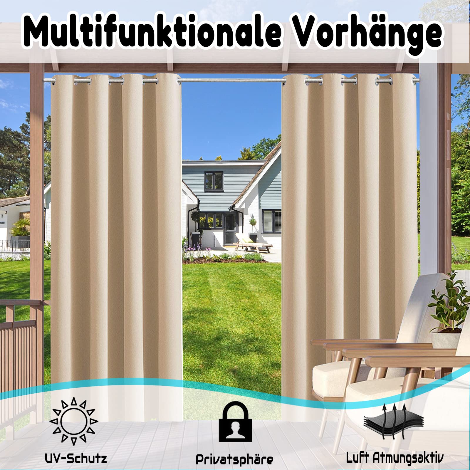Outdoor Vorhang Wetterfest, 1 Stück Outdoor Vorhang Wasserdicht Wetterfest Blickdicht mit Ösen, 24 Farben Sichtschutz Sonnenschutz Outdoor Gardine für Veranda, Pergola, Laube, B213xH213CM