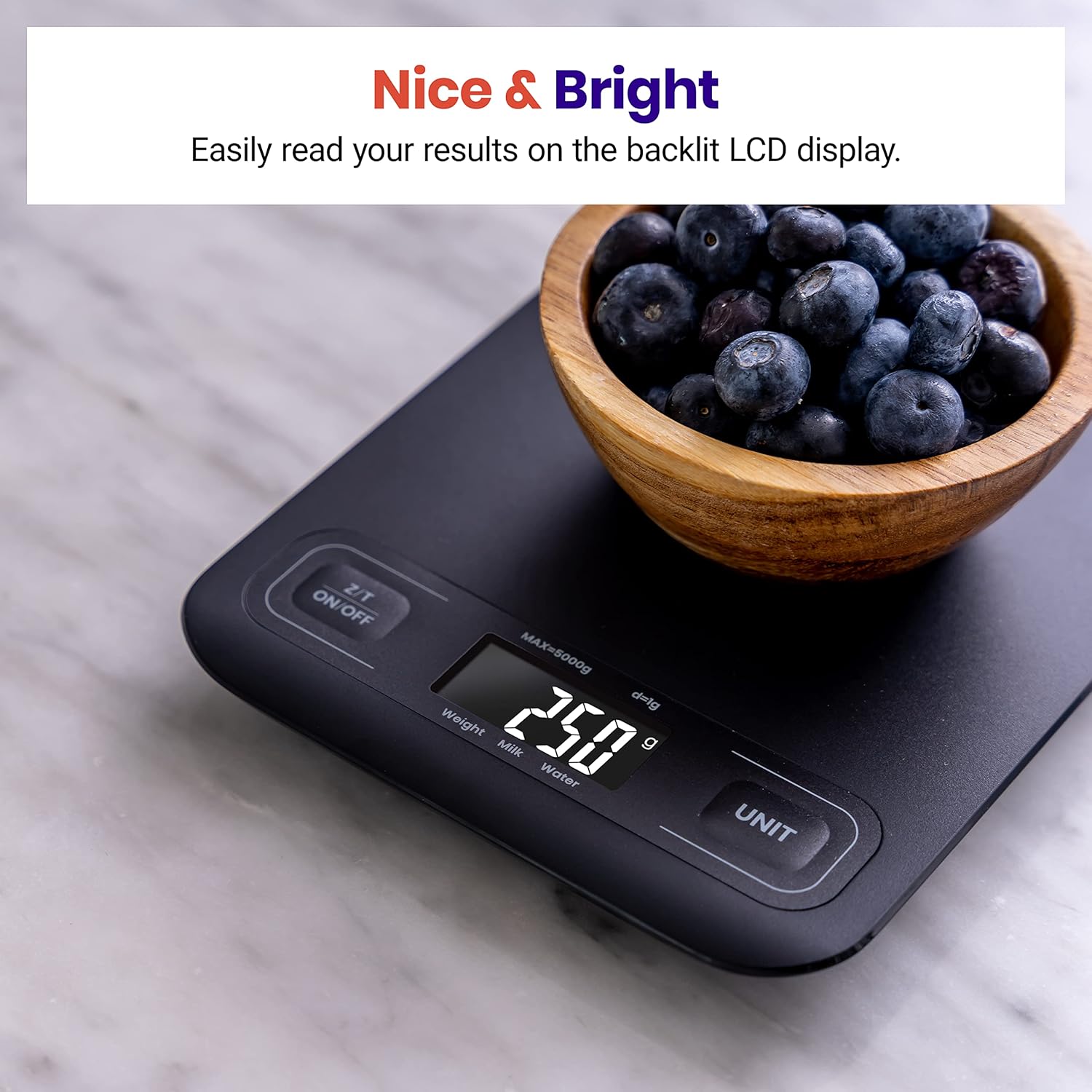 Etekcity Food Kitchen Scale displaying 250 grams for blueberries in a wooden bowl, with a bright backlit LCD screen.