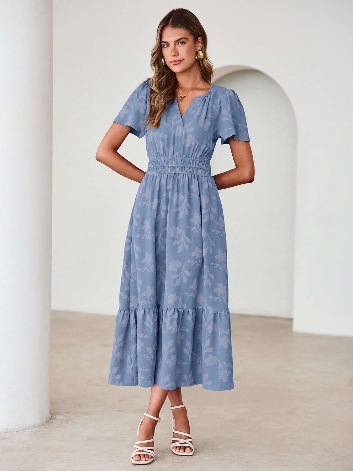 Simplee Womens Summer Boho Maxi Dress Semi Formal Wedding Guest Short Sleeve V Neck Empire Waist Floral Long Dresses - Image 7