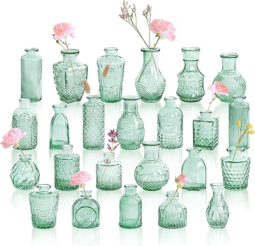 Miniatura 20 de Jarrones Verdes Pequeños de Capullos a Granel 12, Jarrones de Flores Vintage en Relieve para Centros de Mesa, Jarrón de Cristal Bohemio para Flores,