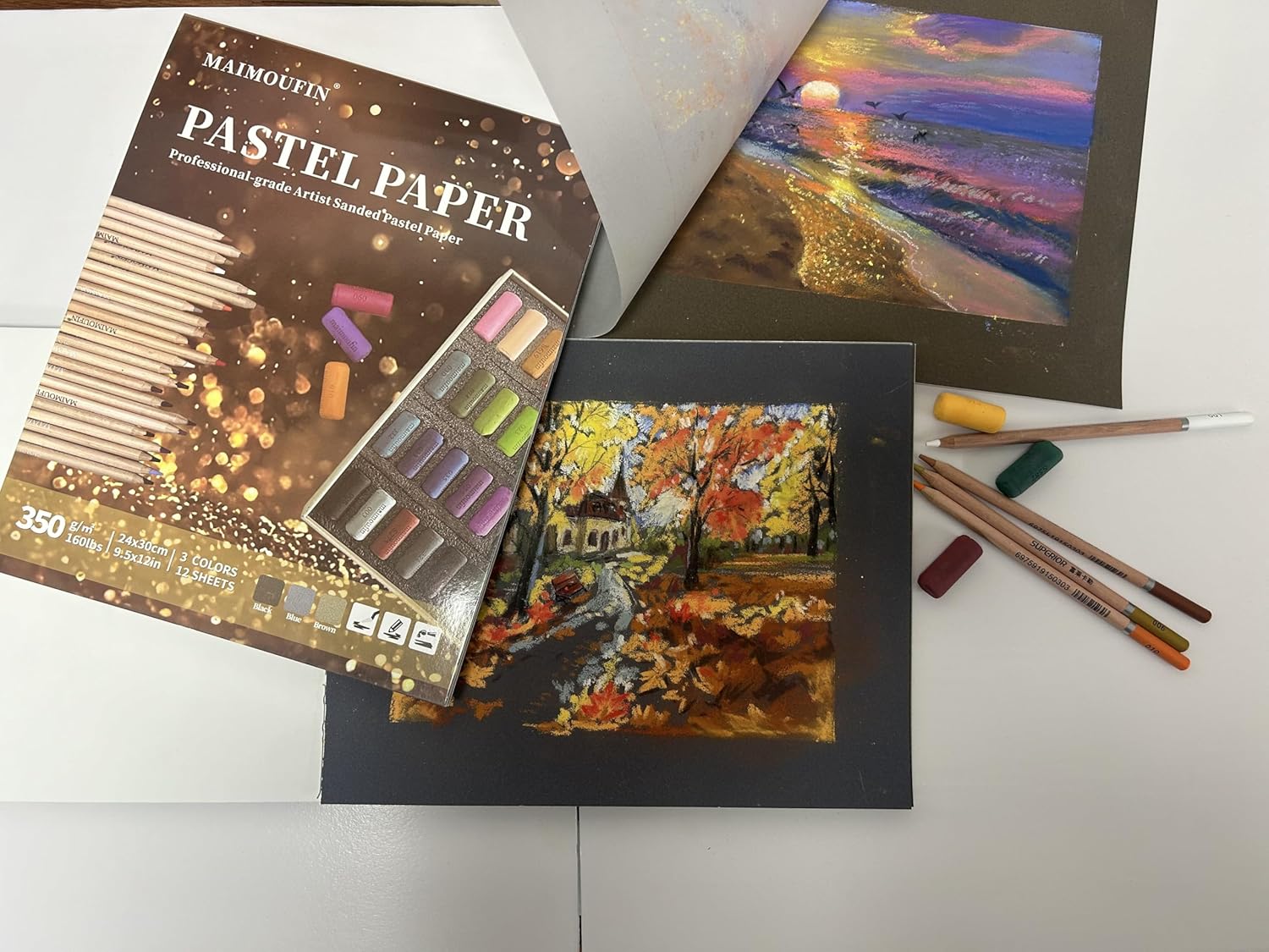 MAIMOUFIN 12-Sheet 3-Color Pastel Sandpaper Pad, Perfect Bound Pastel Paper Artist-Grade Heavyweight Grit Sanded Pastel Pad for Soft Pastel, Oil, Pencil, Charcoal & Acrylic Art Work (Light Color)