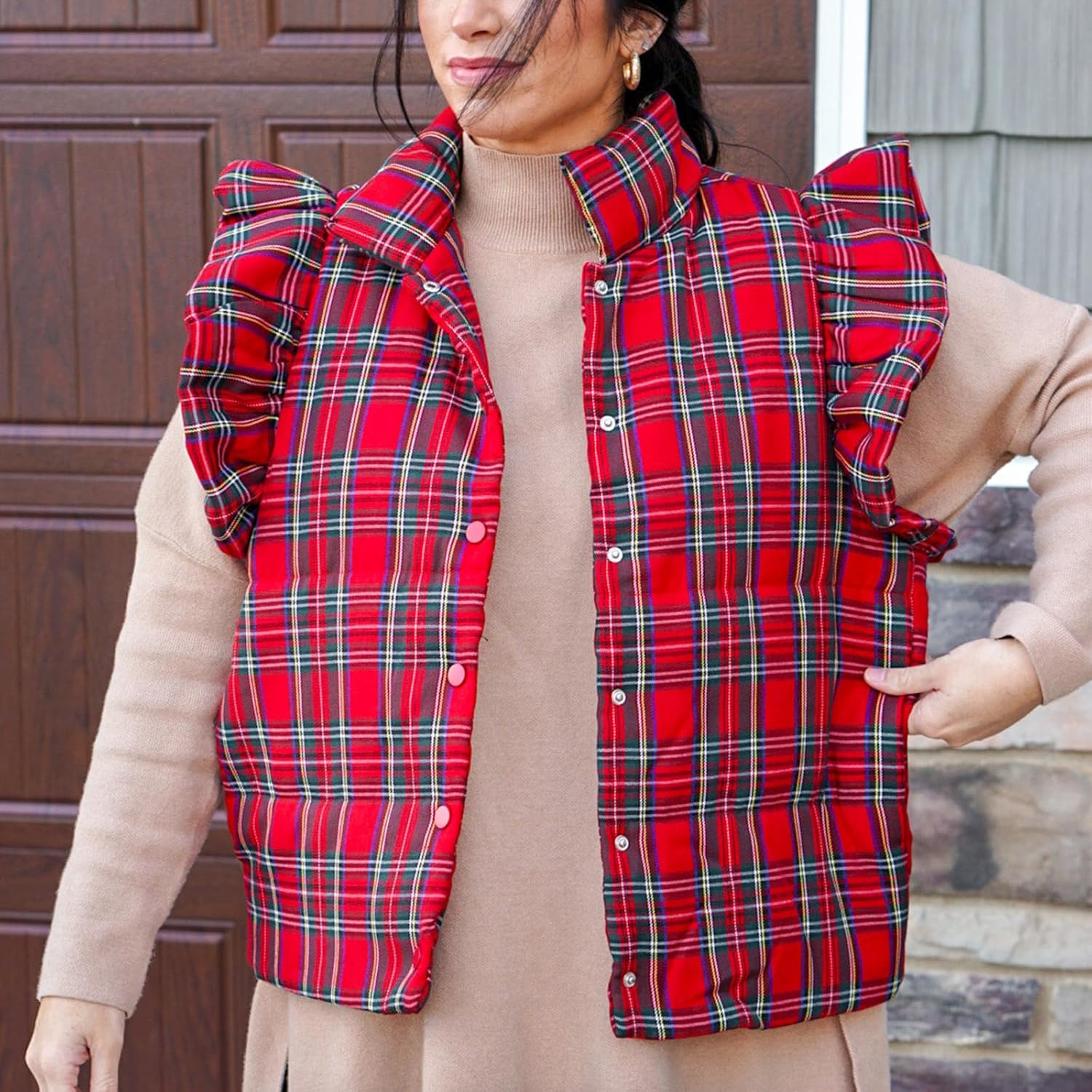 SOLILOQUY Women Christmas Plaid Quilted Vest Ruffle Sleevless High Neck Lightweight Puffer Waistcoat Vest Gingham Padded Coat - Image 3