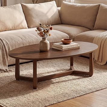 Giantex Oval Coffee Table, 46 Wood Center Table with Thickened Top & Solid Rubber Wood Frame, Low Profile Cocktail Accent Table, Mid Century Modern Living Room Table, Walnut