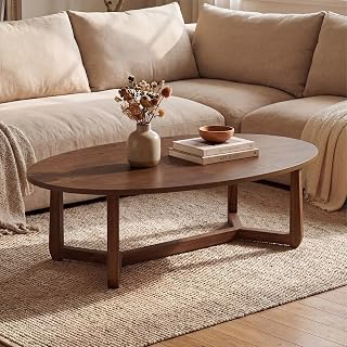 46" Oval Walnut Coffee Table with Stable V-Base for Floor Seating