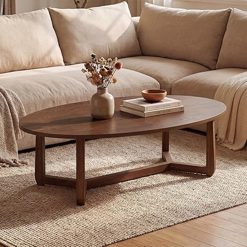 Giantex Oval Coffee Table, 46'' Wood Center Table with Thickened Top & Solid Rubber Wood Frame, Low Profile Cocktail Accent Table, Mid Century Modern Living Room Table, Walnut