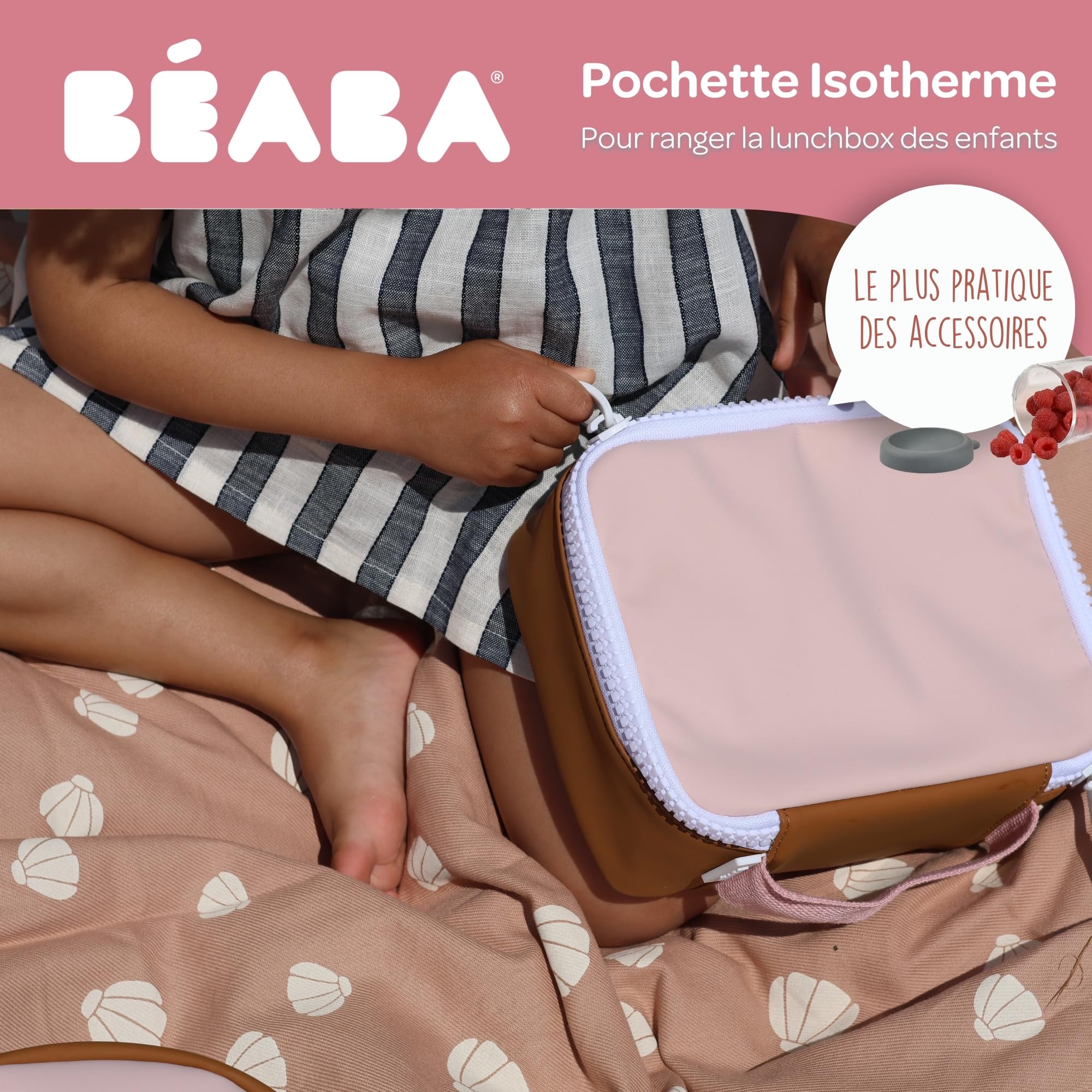 BEABA, Sac isotherme repas, Lunch box, Boite à Gouter, Isotherme, Waterproof, Etiquette Nom, Capacité 2,7L, Grand Zip, Effet Gomme, Faro, Dusty Rose