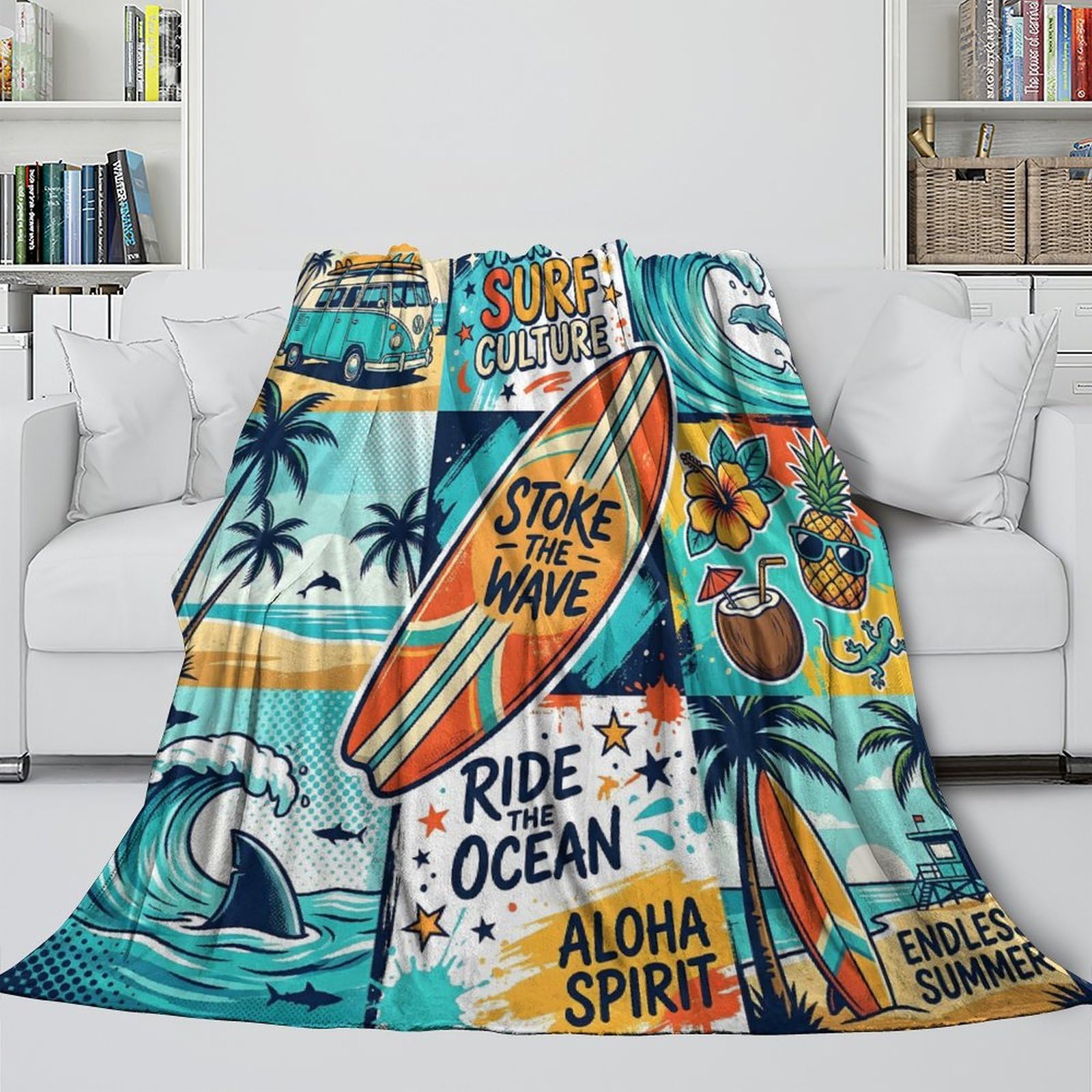 Autocollants représentant la Culture Surf. Jeté De Canapé Imprimé 3D, Premium Microfibre Couverture 80x90inch(200x230cm), Plaid Ultra Doux Respirant pour Hommes Femmes Adultes