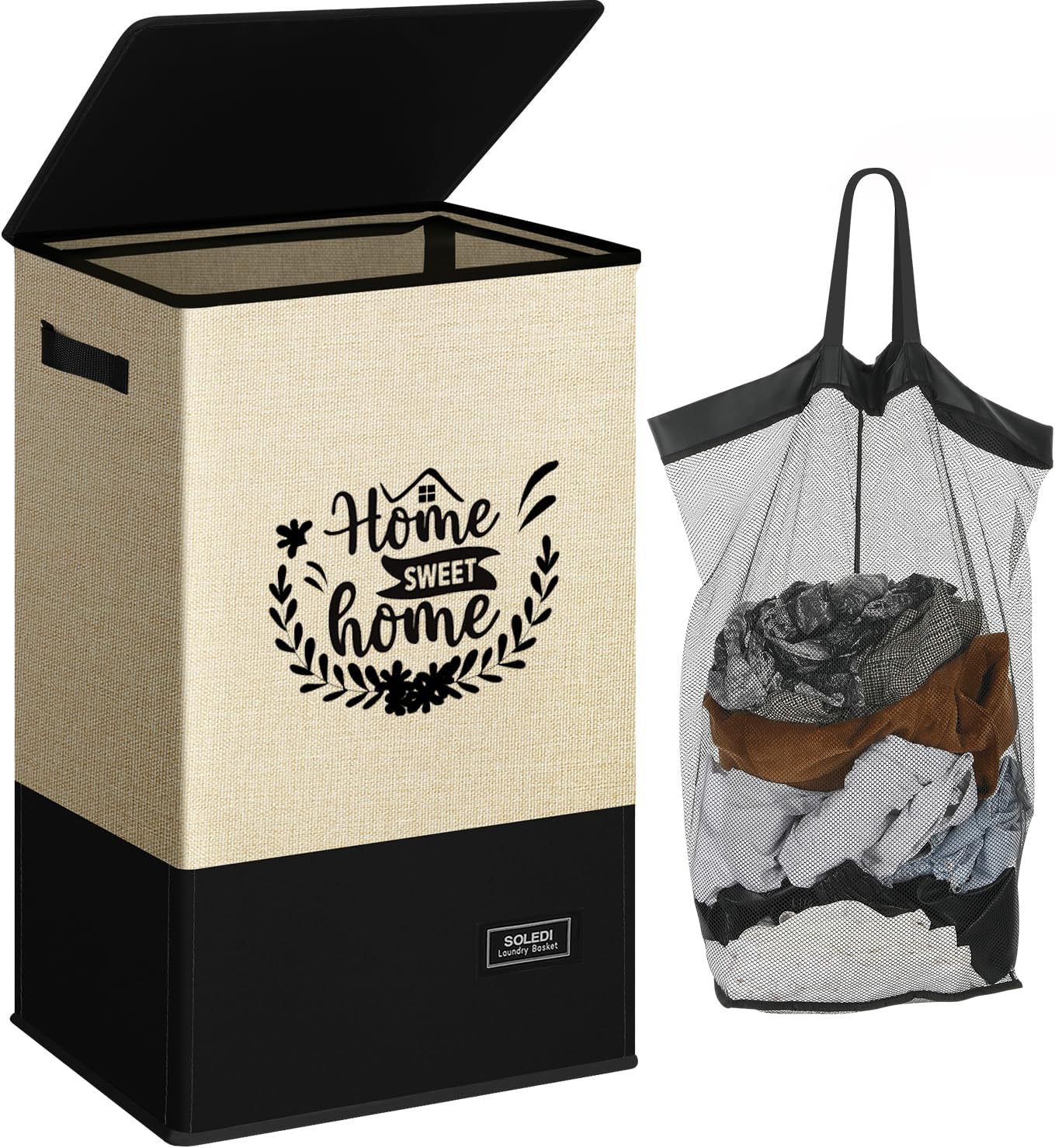 SOLEDI Laundry Basket Hamper with Lid Washing Basket for Laundry with Removable Laundry Bag, Embroidery Design 90L Large Foldable Laundry Hamper for Bedroom, Bathroom, Dorm, Laundry Room - Khaki