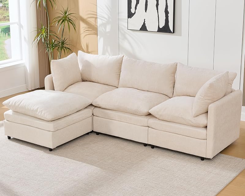 97" Cloud Couch Sectional Sofas for Living Room, L Shape Modular Cloud Sofa with Movable Ottoman, Chenille Comfy Couches 4 Deep Seats for Apartment, Office, Bedroom, Beige