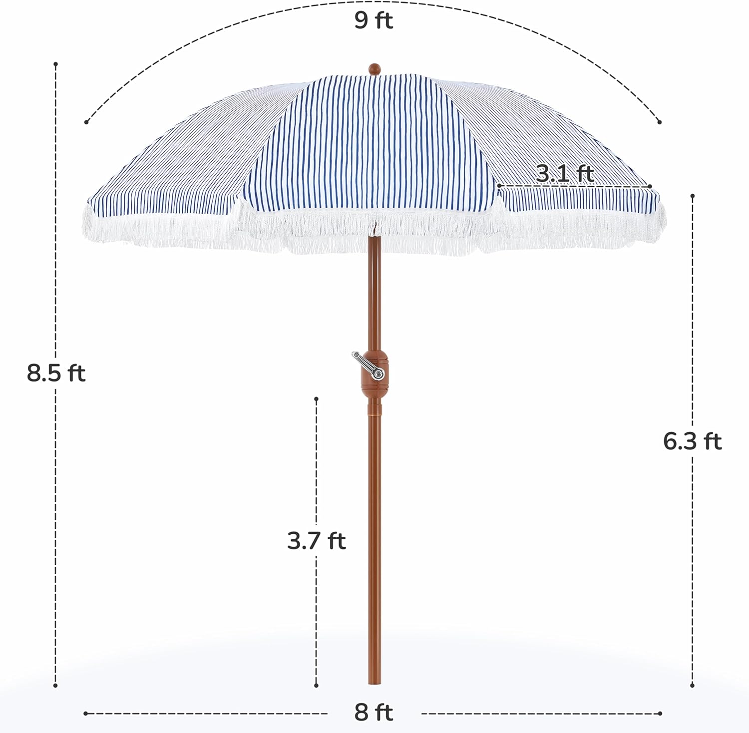 Yaheetech 9ft Patio Umbrella with Tassels, Fringe Portable Beach Umbrella, Umbrella Outdoor Patio with Crank Operating Mechanism, Tilting Aluminum Pole, Fiberglass Ribs For Garden, Pool, Blue/White