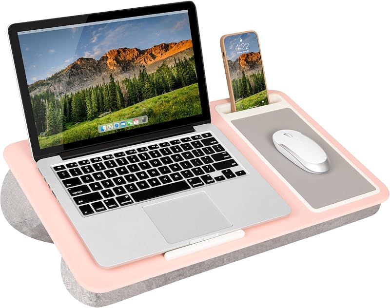 LAPGEAR Home Office Lap Desk – Pink, Fits 15.6” Laptops | Built-In Mouse Pad & Phone Slot, Integrated Device Ledge, Dual-Bolster Microbead Cushion, Carry Handle