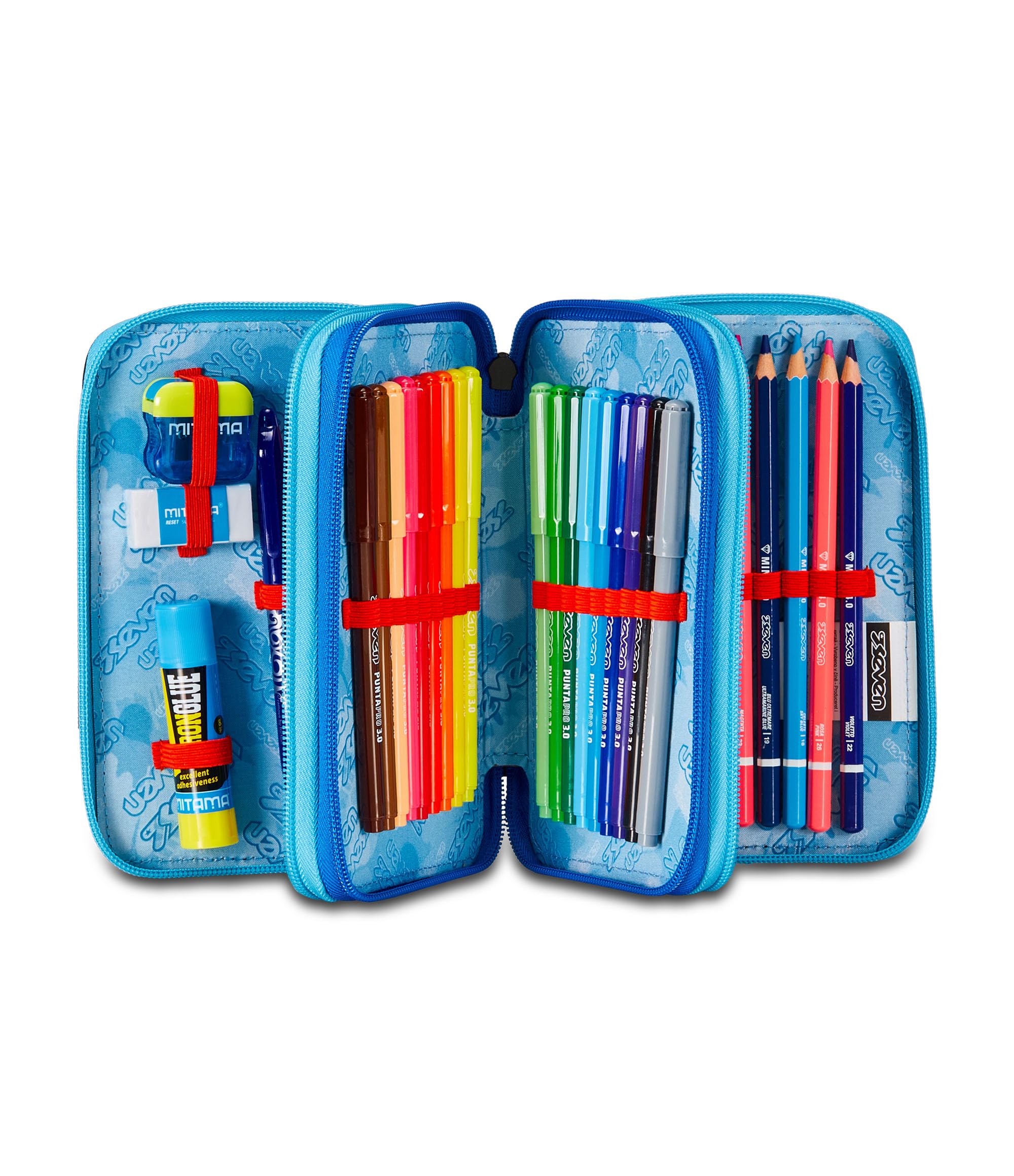 Seven Astuccio Scuola 3 Zip, Blue Deep, Mapset Boy, Portapenne Triplo Scomparto Completo Di Penne, Matite, Colori, Accessori Zaino, Elementari, Medie, Superiori, Ragazzo Ragazza