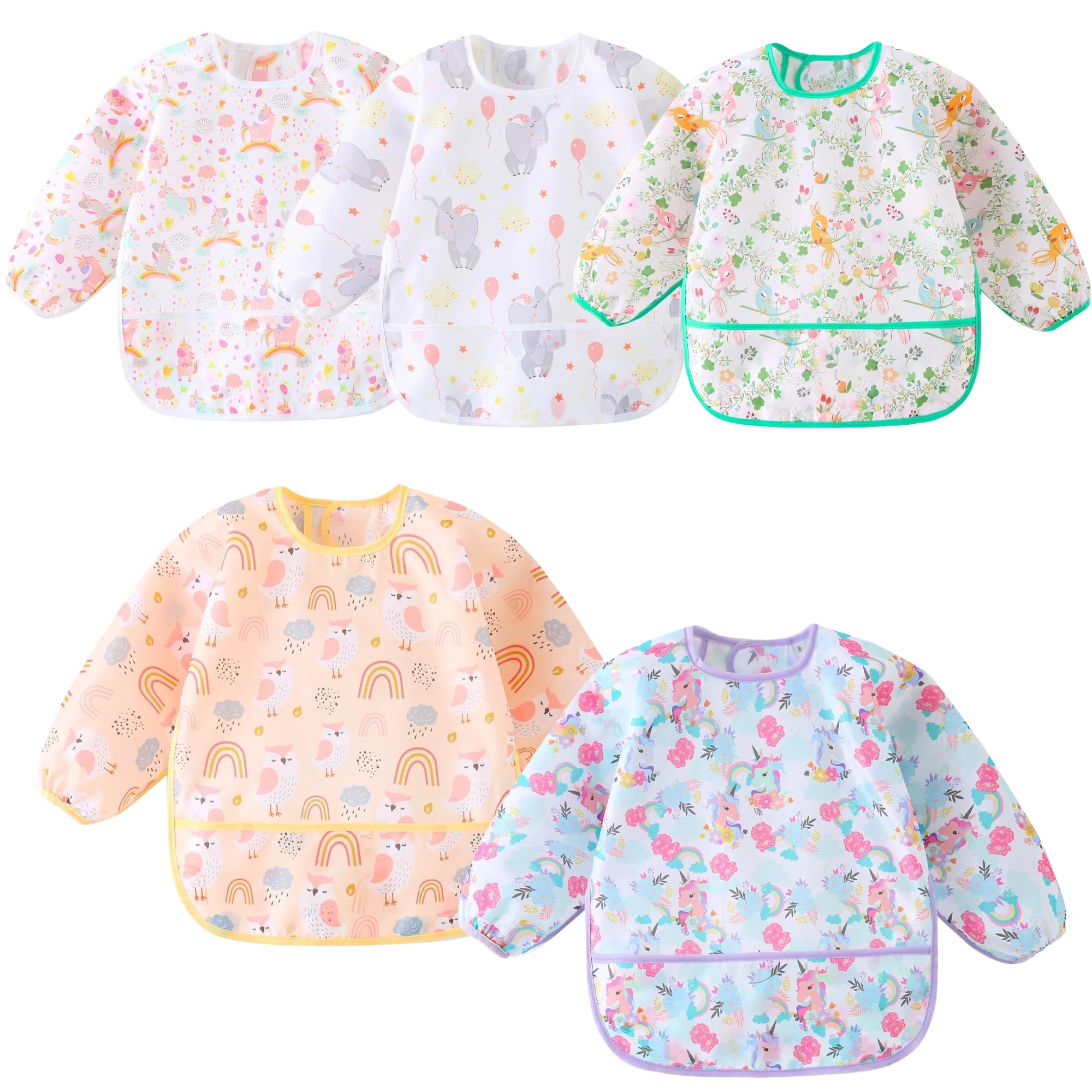 Bavoirs à Manches Longues Imperméables,Lot de 5, Tablier Peinture Enfant aux Enfants de 5 Mois à 3 Ans