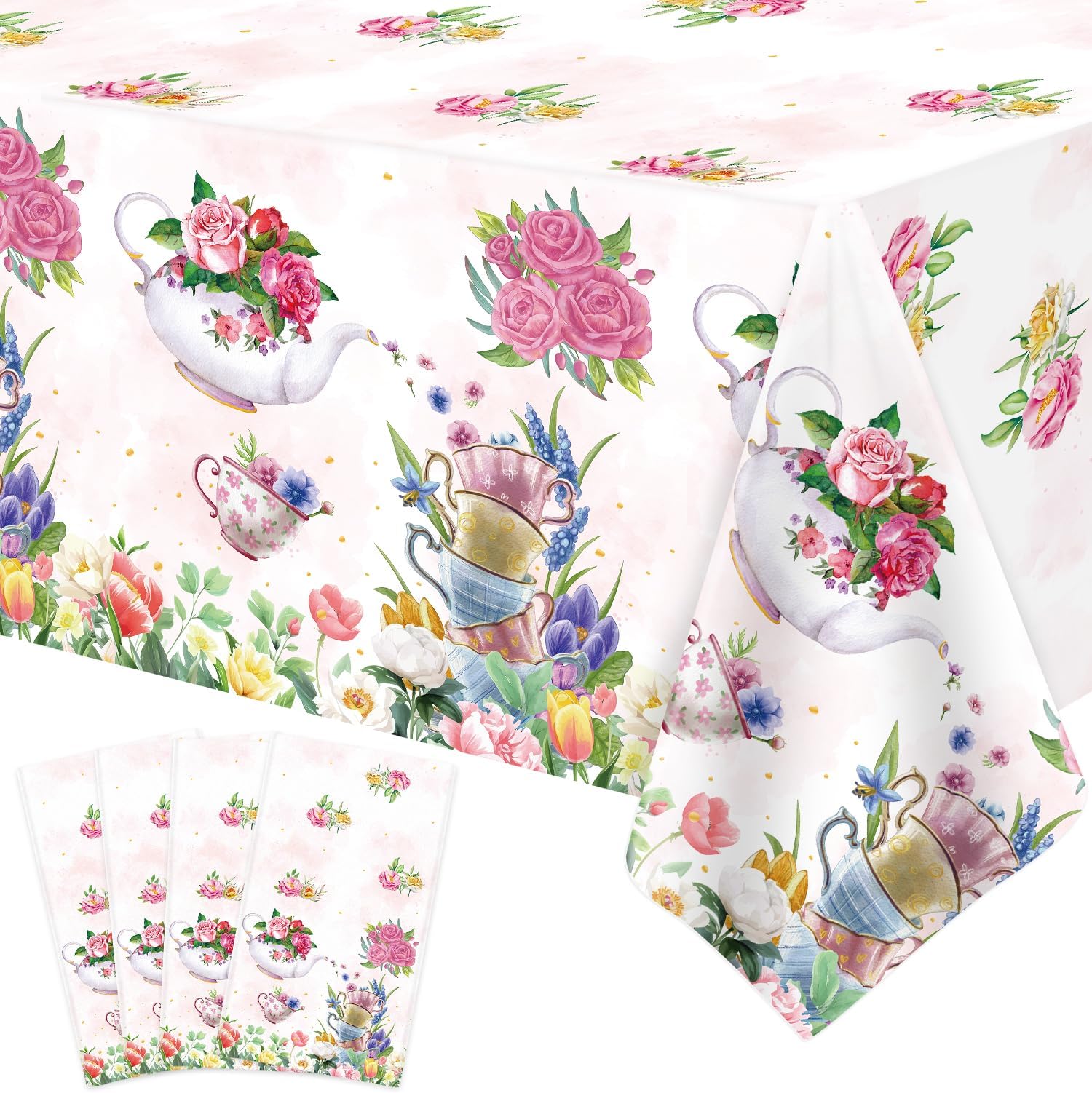 4 Pack Tea Party Decoration Floral Tea Party Tablecloth Tea Party Birthday Supplies 86” x 51” Rectangle Spring Disposable Brithday party Table Cover Flower Party Decorations