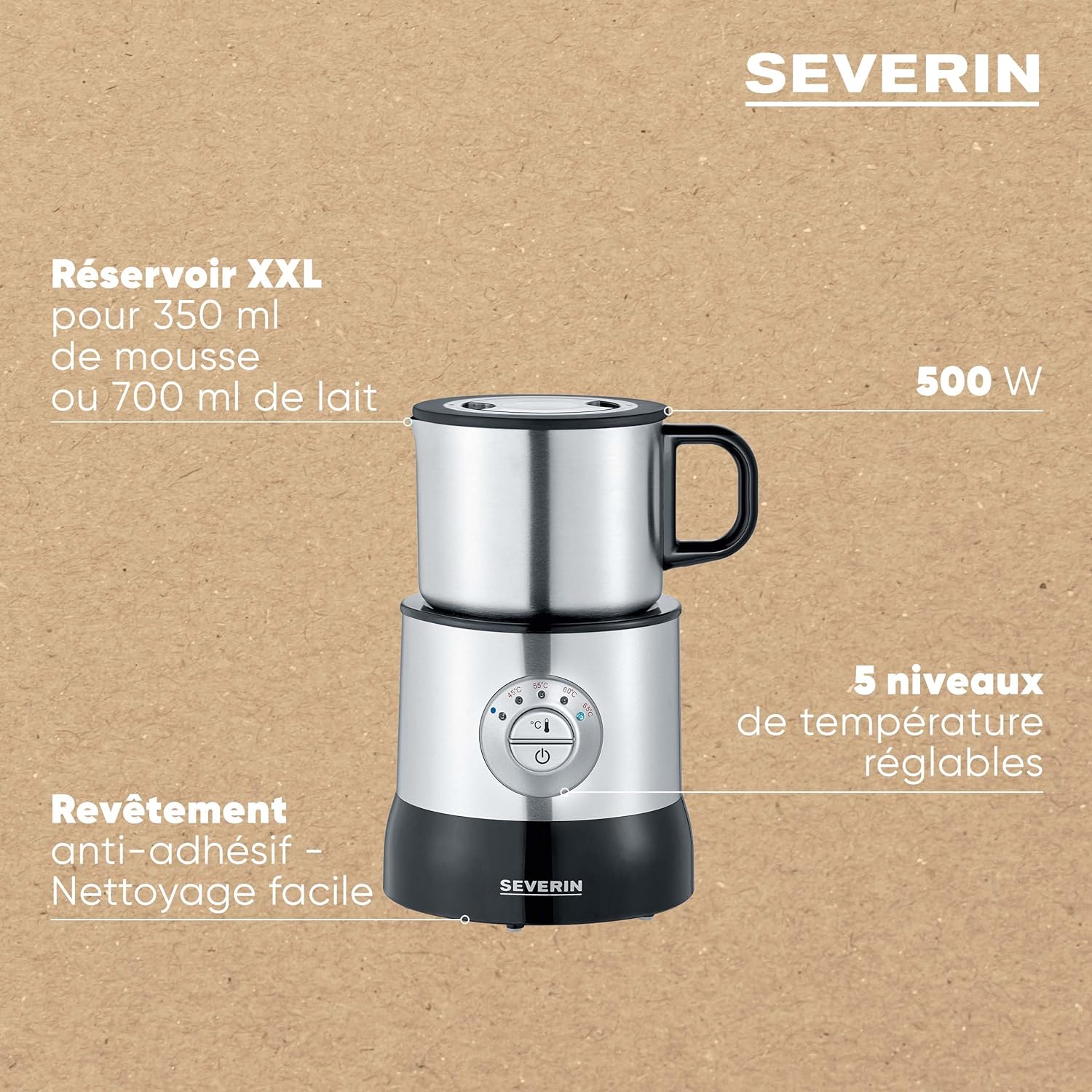 Severin SM 3583 milk frother showing the control panel with temperature settings and power button, and capacity markings on the pot.