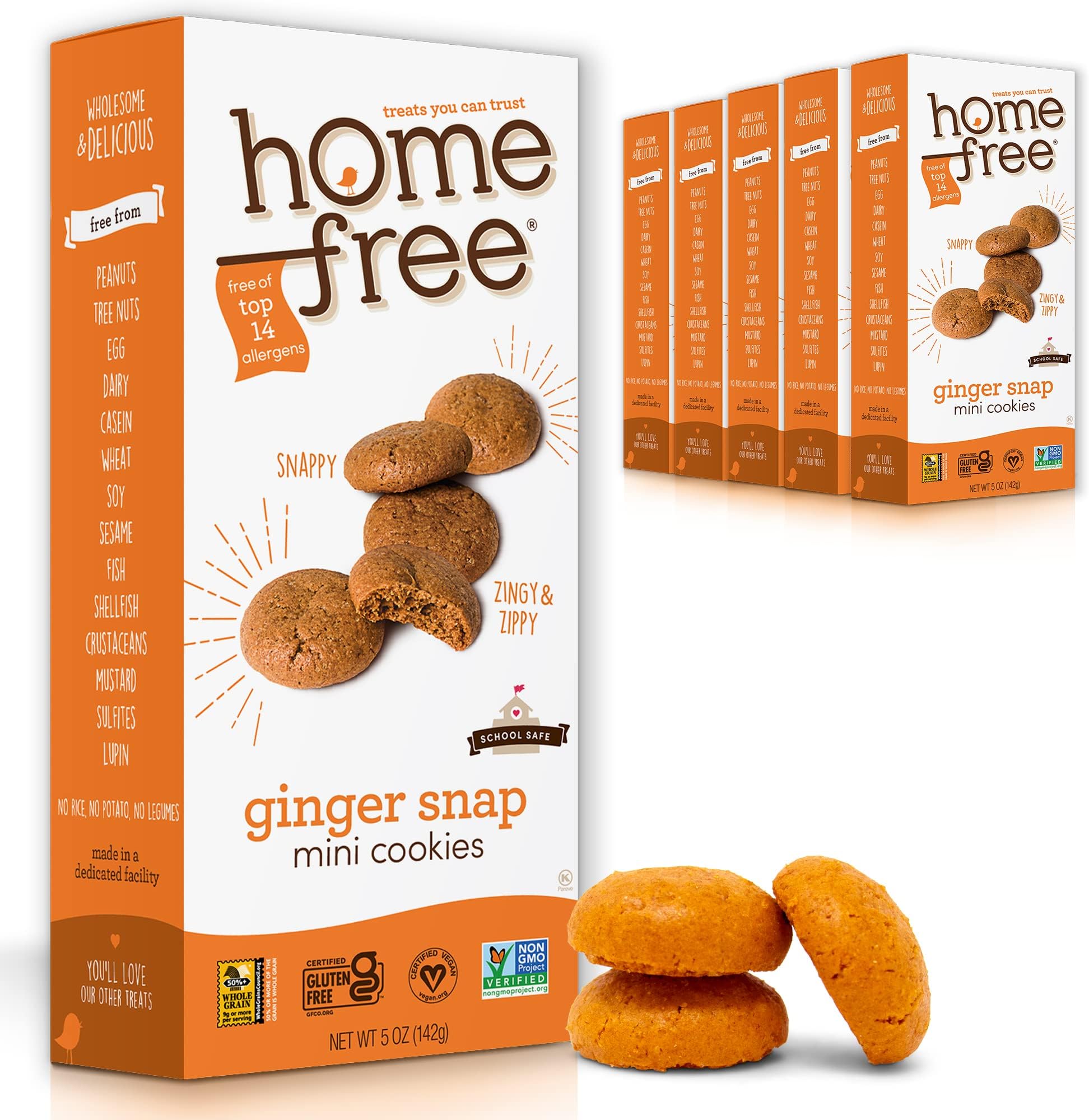 Homefree Mini Ginger Snap Cookies, Gluten Free, Nut Free, Vegan, School Safe and Allergy Friendly Snack, 5 oz. (Pack of 6)