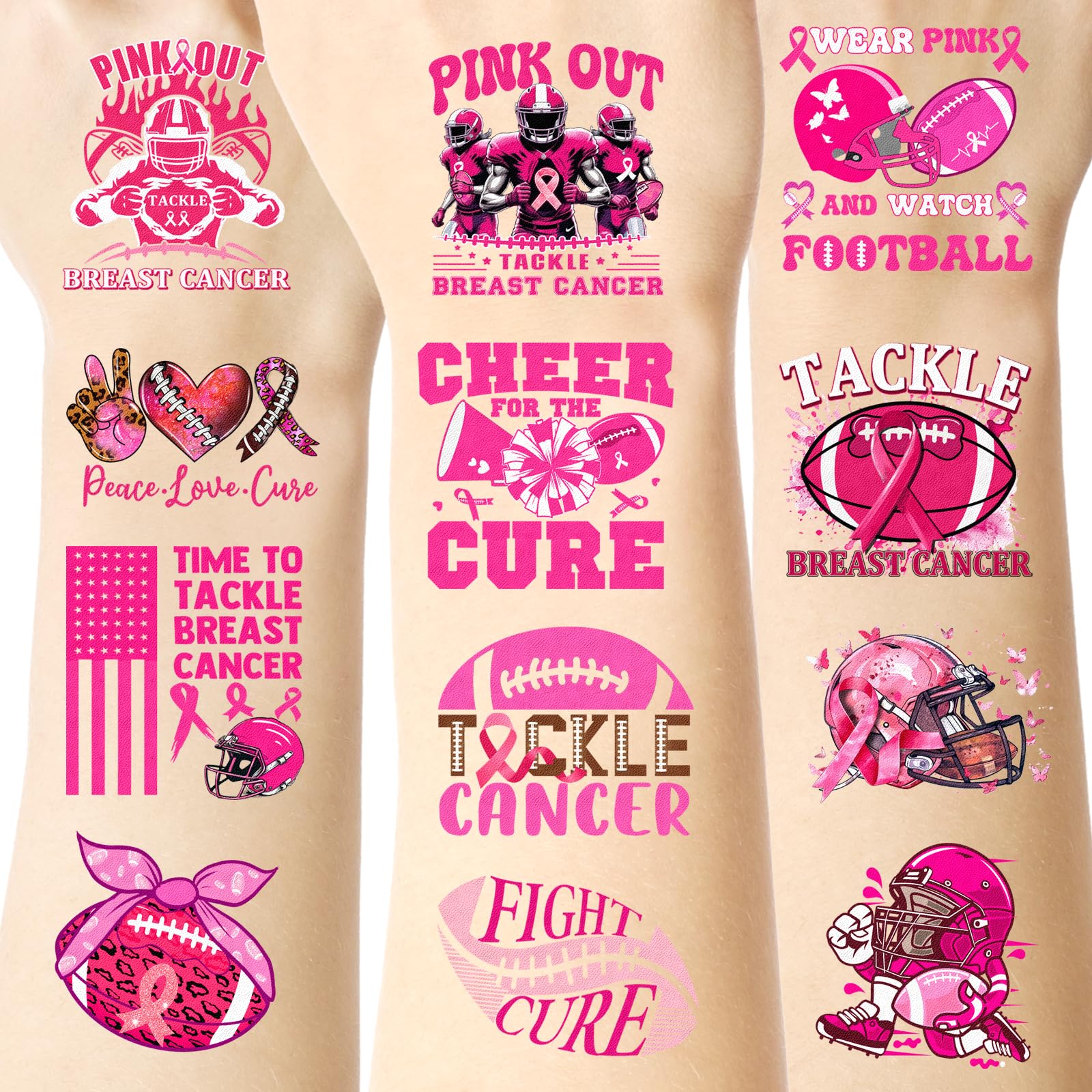 YanZonic 192Pcs Pink Ribbon Breast Cancer Pre-Cut Tattoos Temporary, Pink Out Accessories for Spirit Week Football, 16 Sheets, 24 Styles