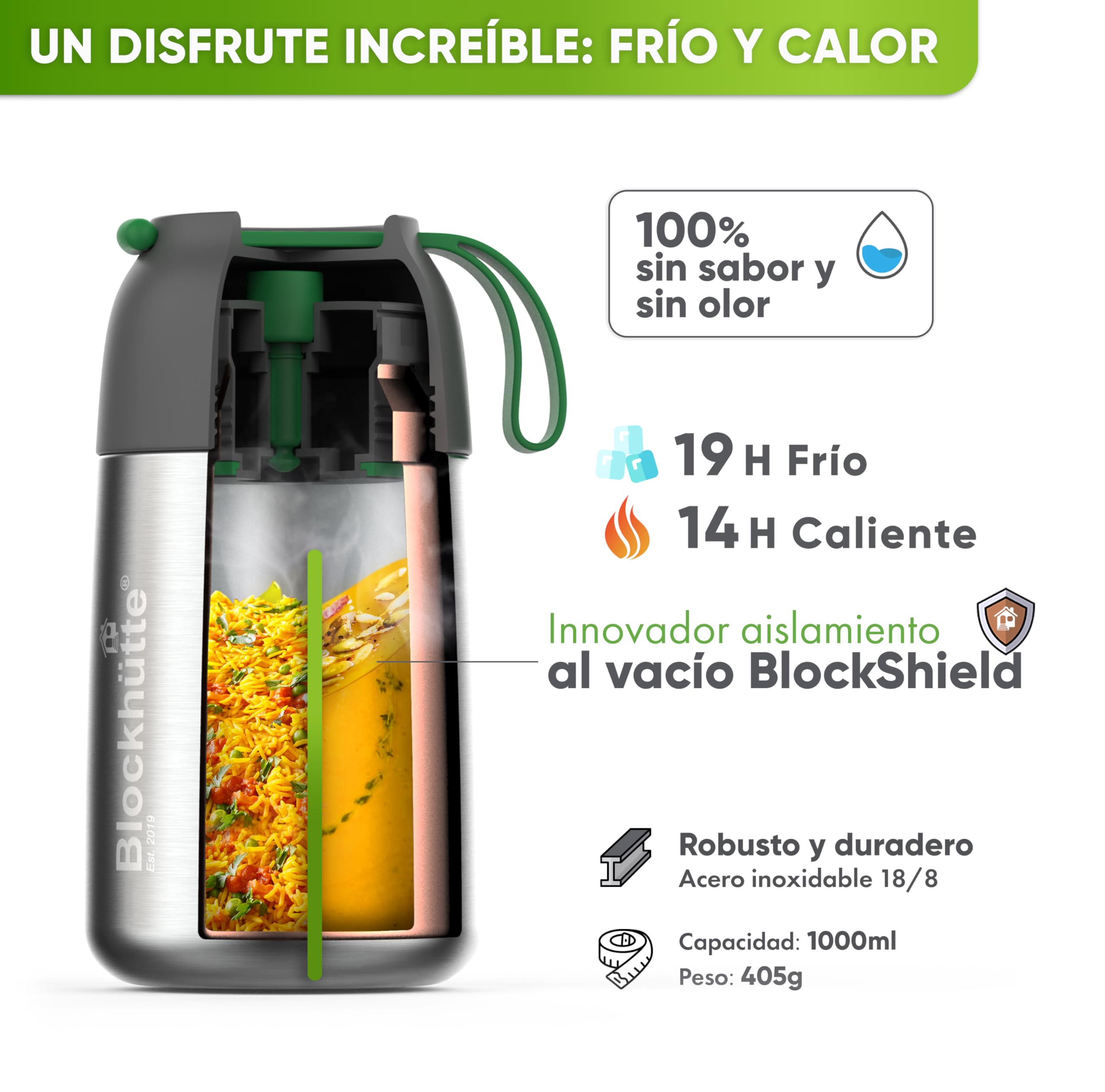 Blockhütte Termo Comida Caliente de acero inox I 1L I Con Cepillo y Cuchara - Termo para Comida Caliente até 14 h - Fiambrera Termica para adultos y niños - Recipientes Termicos