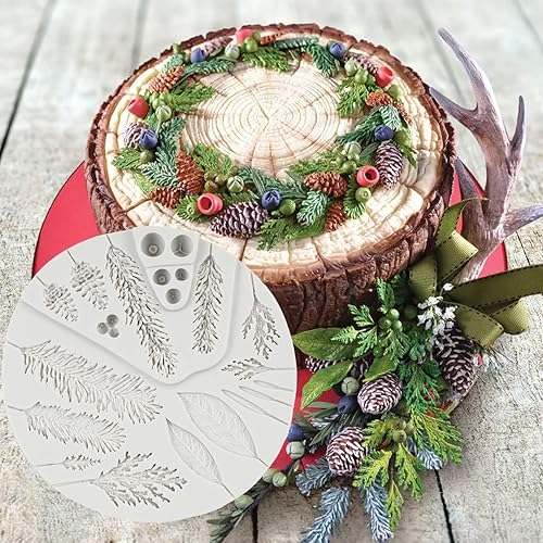 Molde de silicona de flor de follaje de invierno, molde de fondant de rama de pino para decoración de tartas, decoración de cupcakes, caramelo de