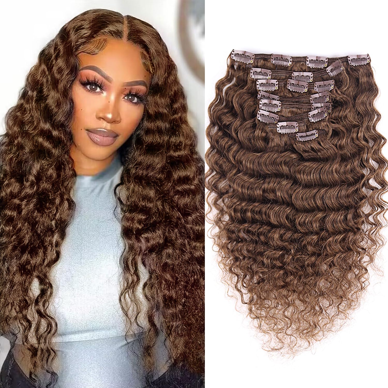 Wepwcod Deep Curly Hair Extensions Clip in Hair Extensions Real Human Hair 8Pcs With 18 Clips Clip in Hair Extensions for Women Deep Curly Clip ins Soft & Natural 120g (Brown-Deep